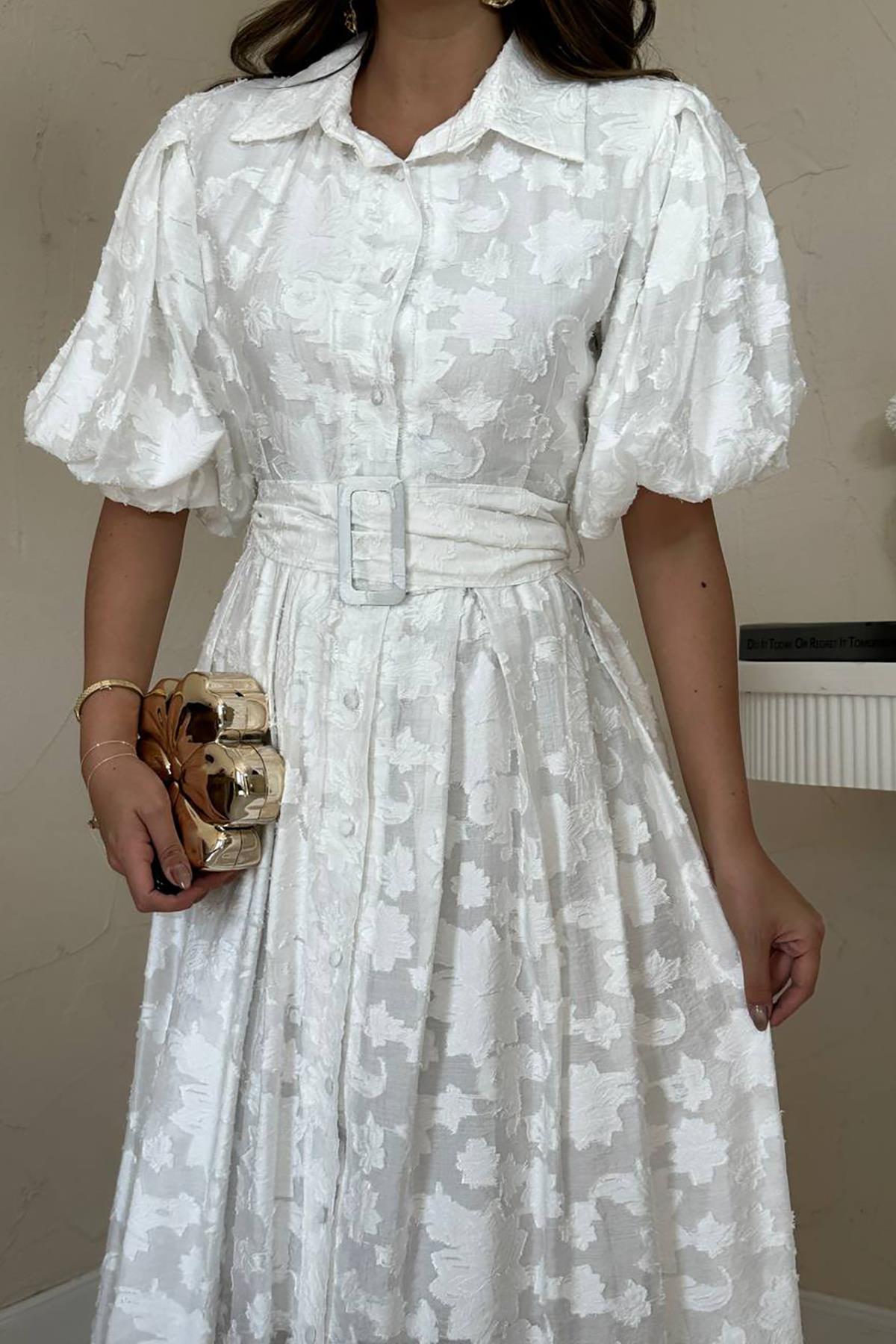 Toptan Ekru Kemerli Balon Kollu Elbise