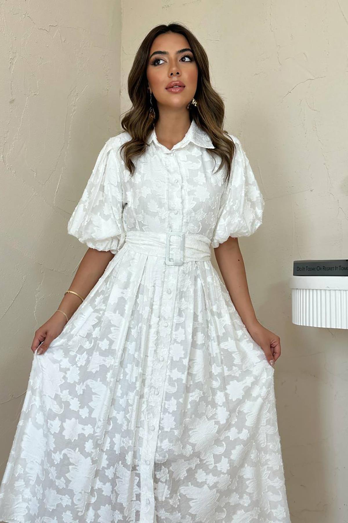 Toptan Ekru Kemerli Balon Kollu Elbise