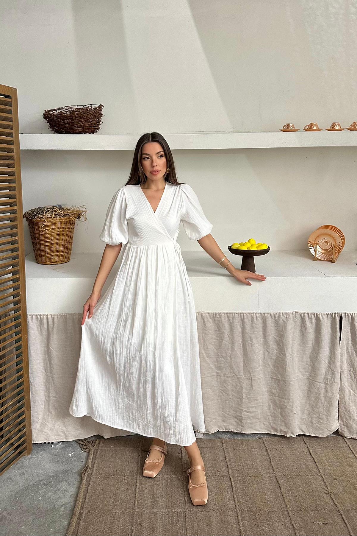 Toptan Ekru Müslin Uzun Elbise Ekru L