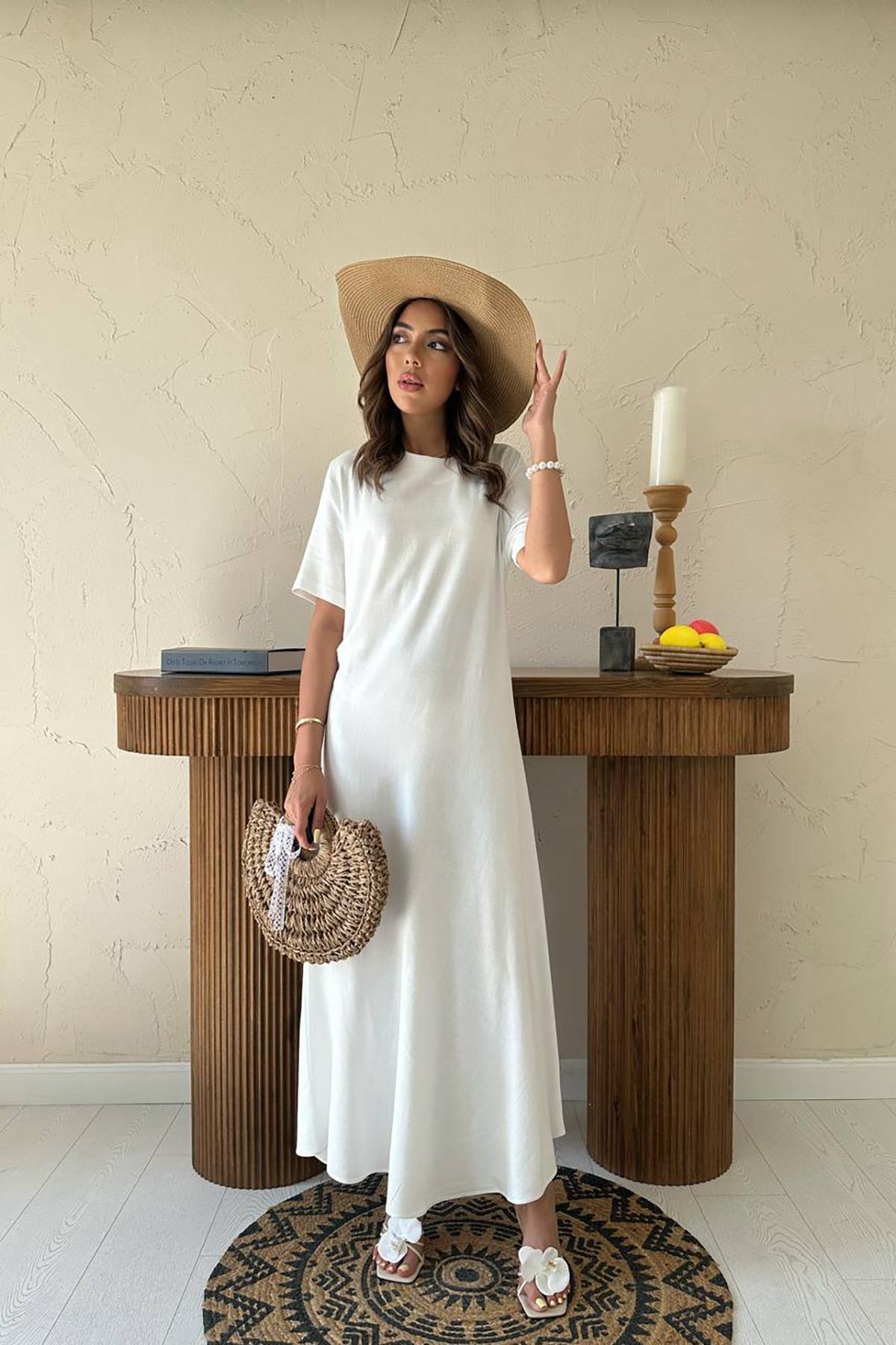 Toptan Ekru Pileli Bisiklet Yaka Elbise Ekru L