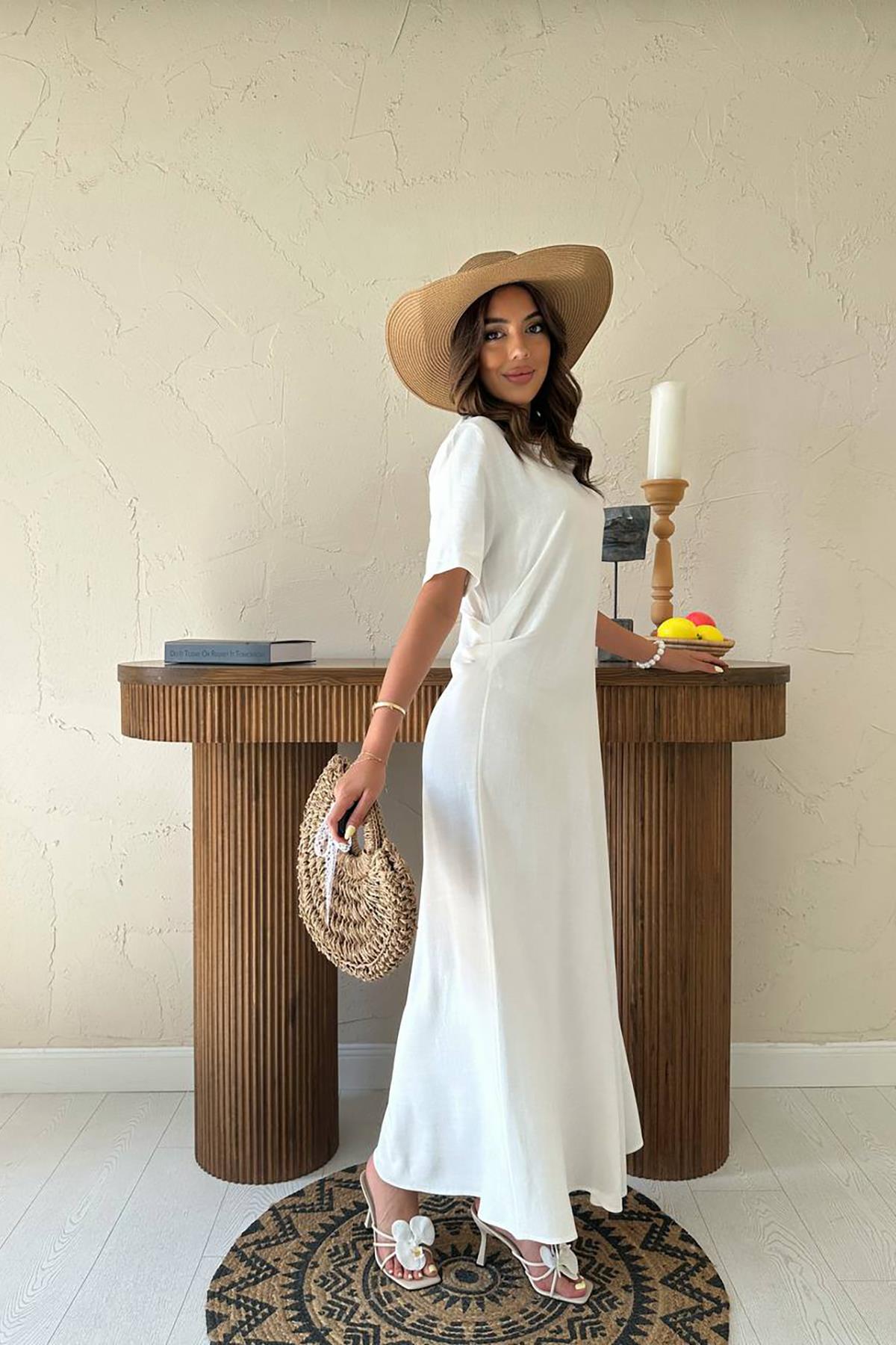 Toptan Ekru Pileli Bisiklet Yaka Elbise