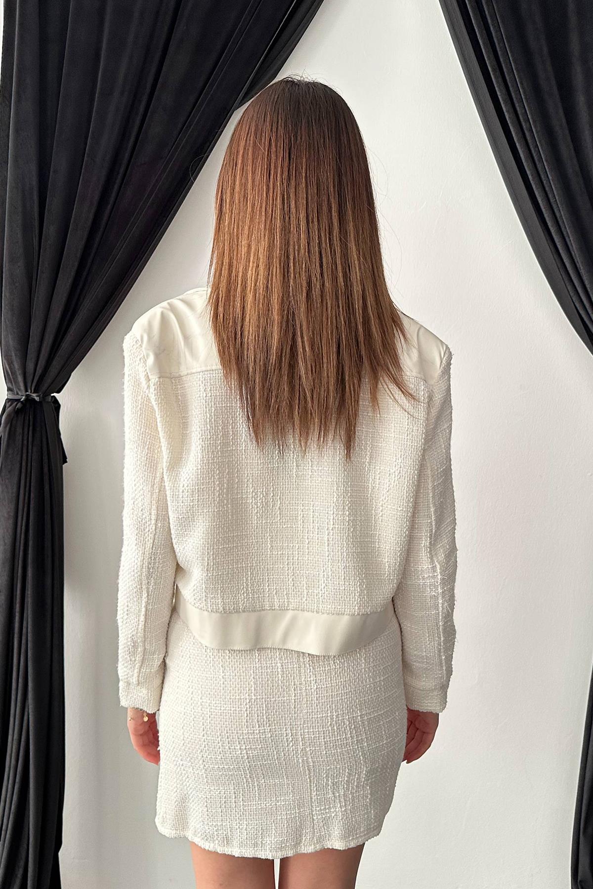 Toptan Ekru Üçlü Deri Garnili Ceket Ve Pantolon Takım