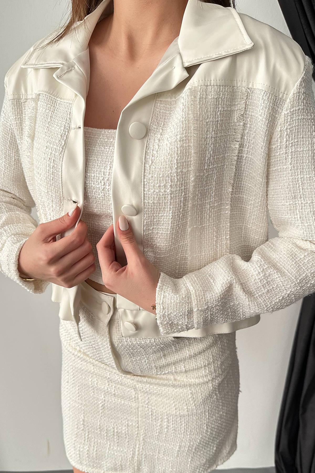 Toptan Ekru Üçlü Deri Garnili Ceket Ve Pantolon Takım