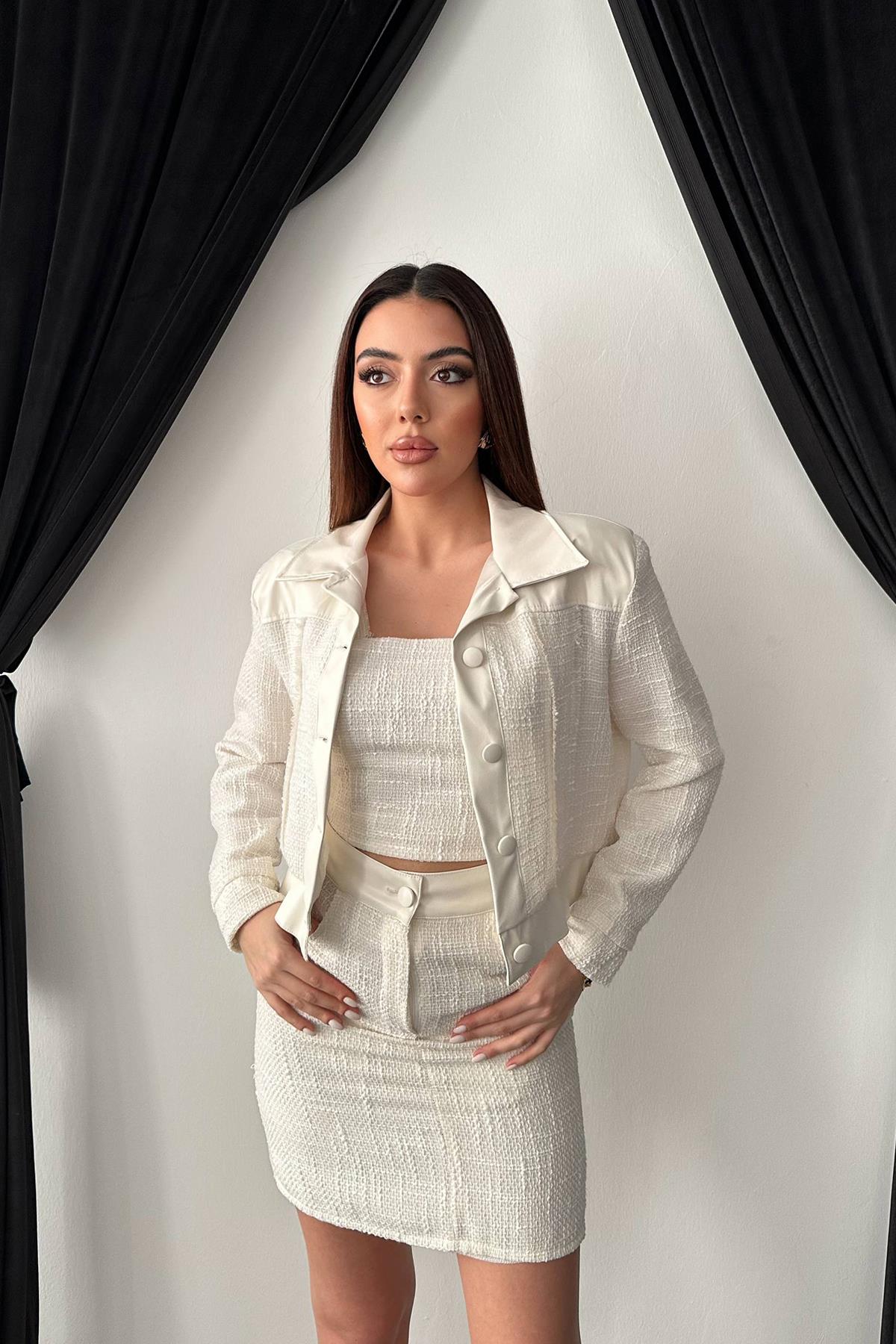 Toptan Ekru Üçlü Deri Garnili Ceket Ve Pantolon Takım