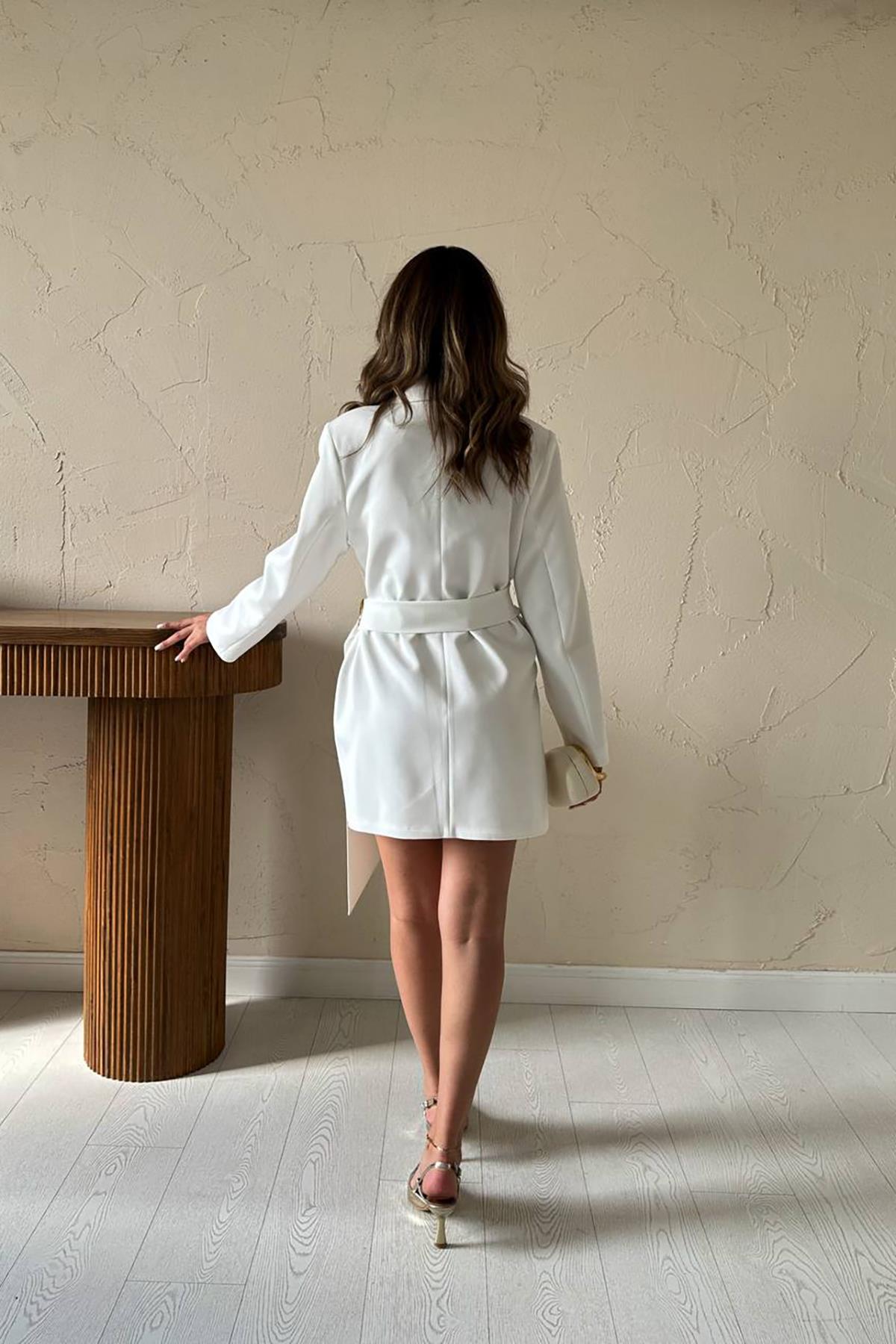 Toptan Ekru Yandan Tokalı Ceket Elbise