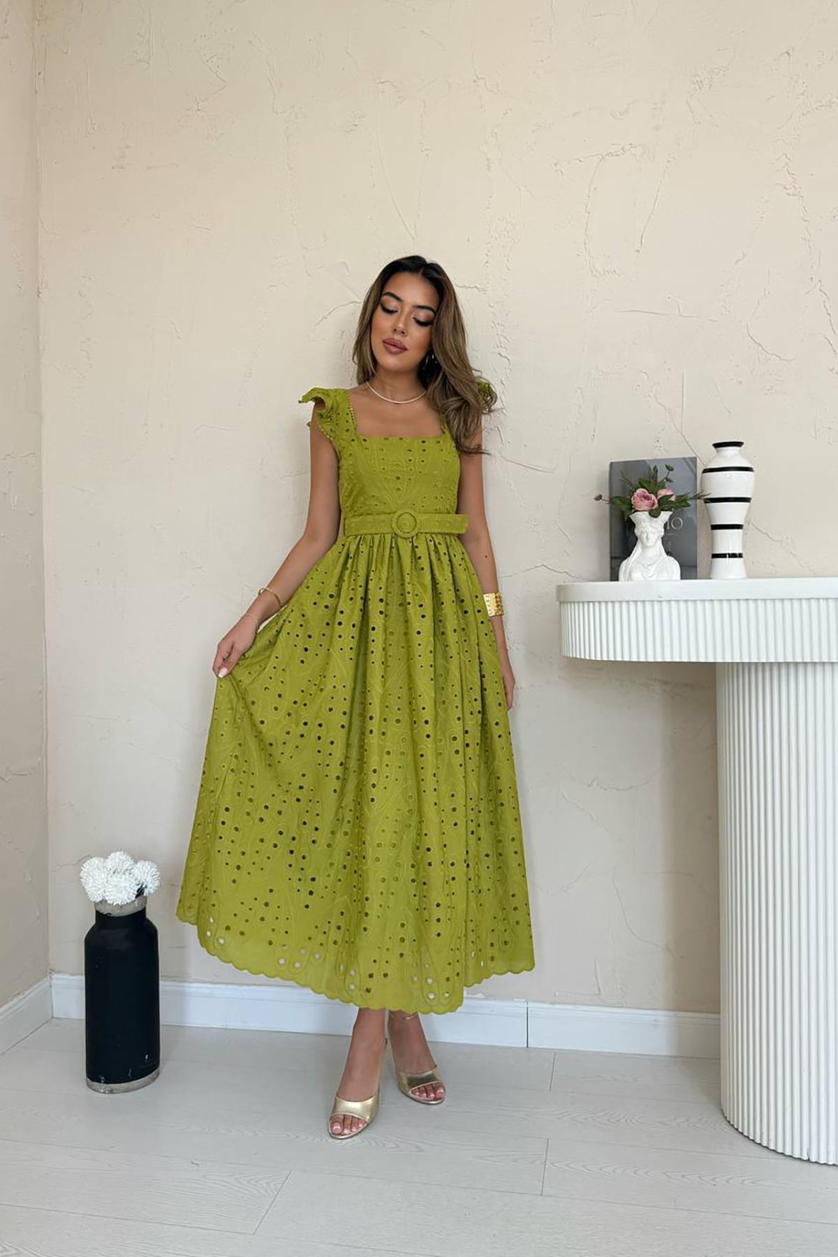 Toptan Fıstık Yeşili Dantelli Brode Elbise Fıstık Yeşili L