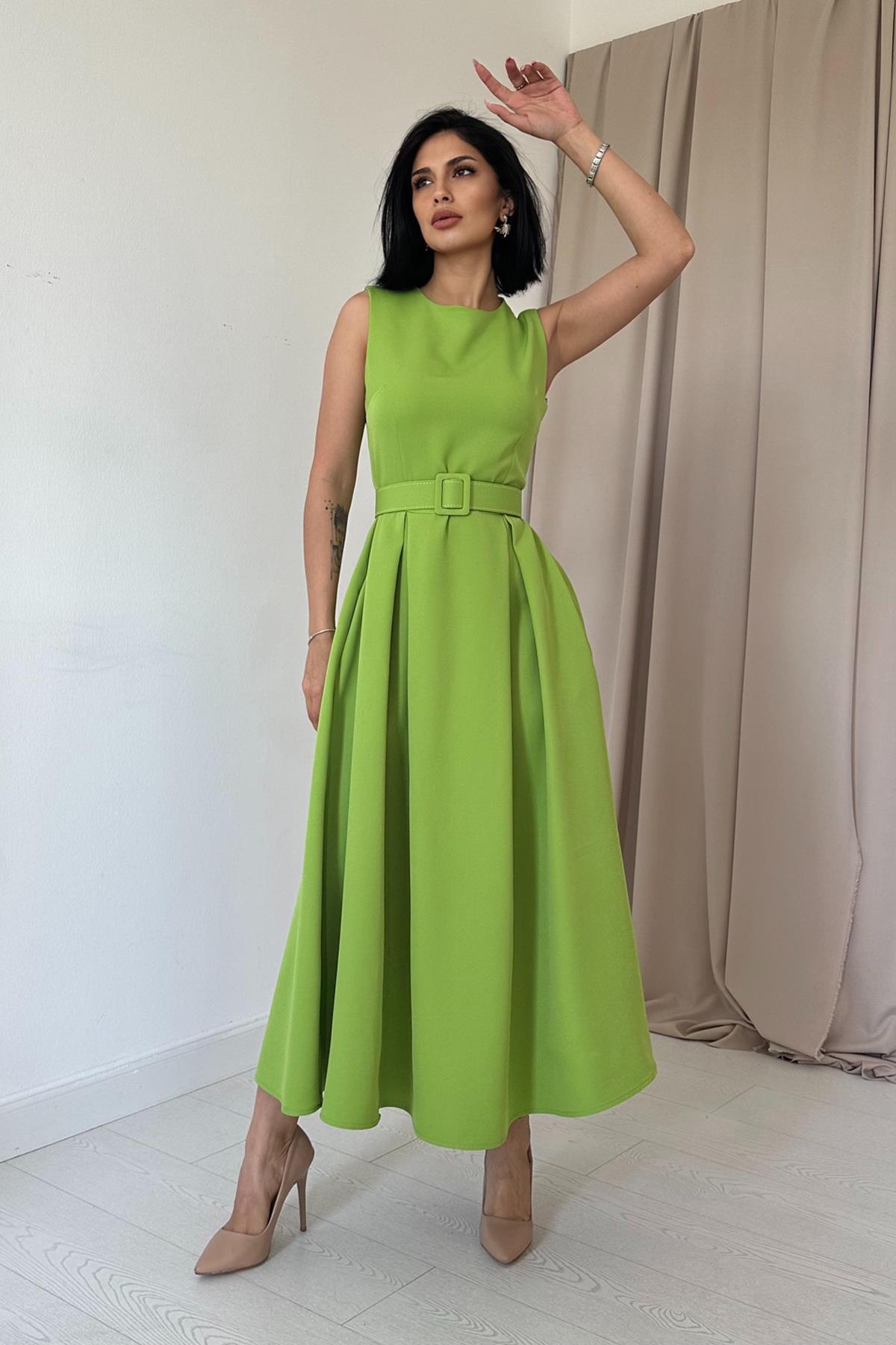 Toptan Fıstık Yeşili Halter Yaka Kloş Elbise Fıstık Yeşili L