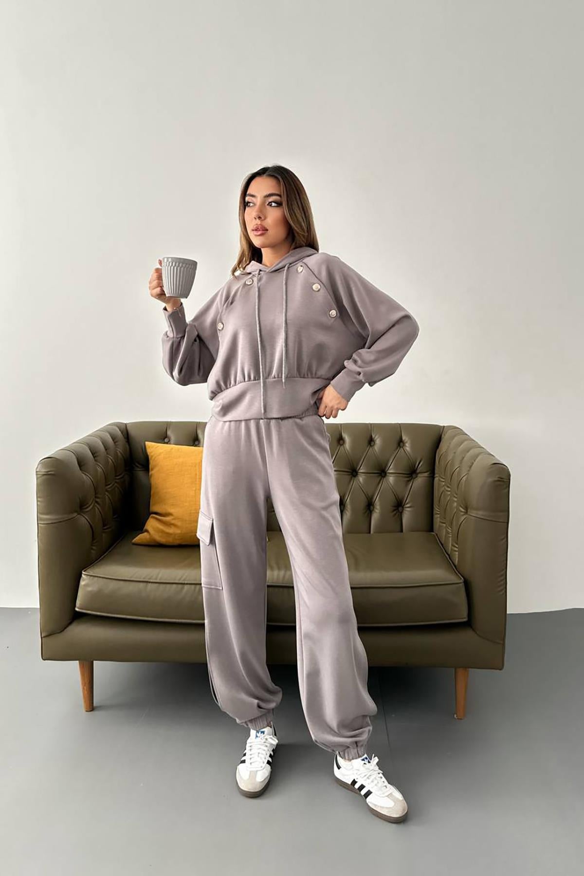 Toptan Füme Kapüşonlu Sweatshirt Ve Kargo Pantolon Takım Füme L