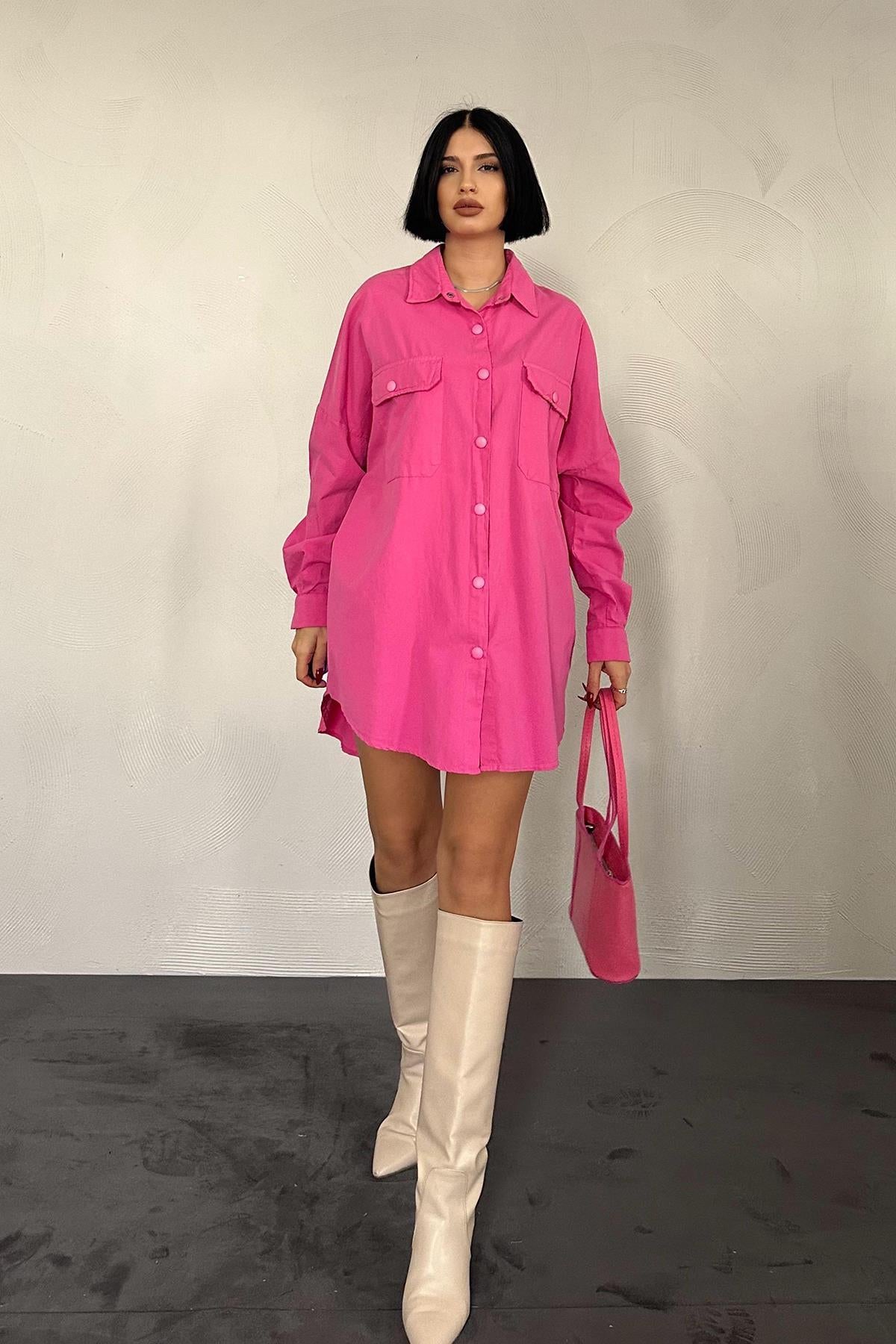 Toptan Fuşya Çift Cep Kapaklı Çıtçıtlı Gömlek