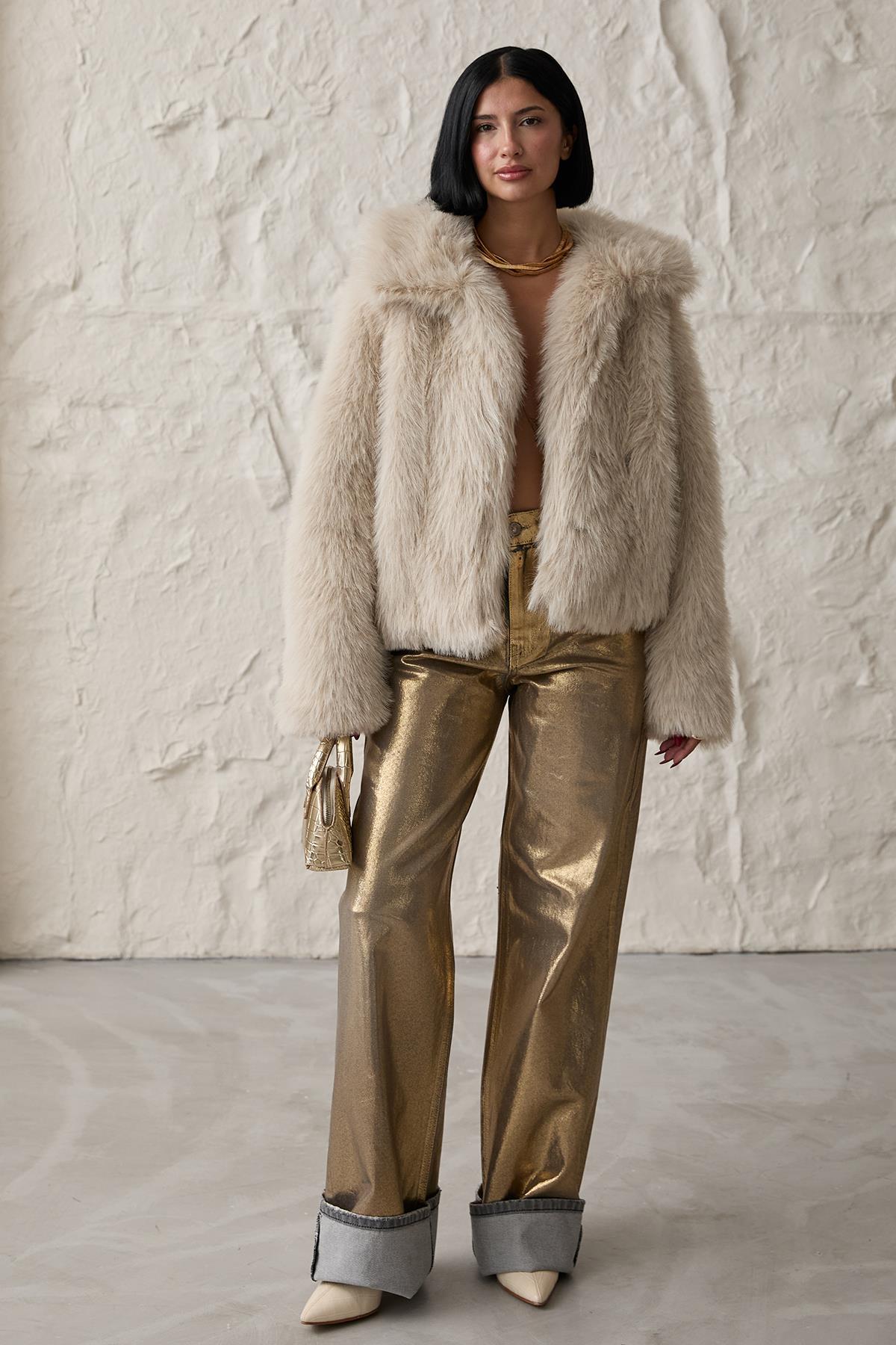 Toptan Gold Altın Varaklı Jeans Pantolon Gold L
