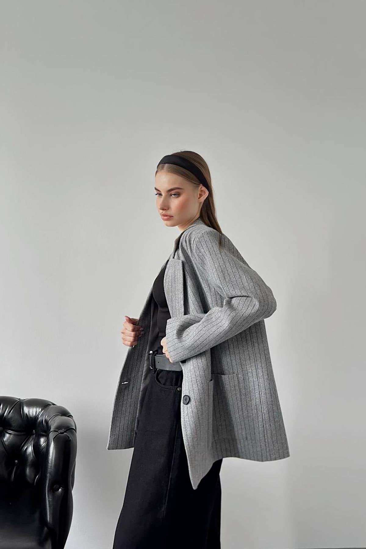 Toptan Gri Çizgili Oversize Ceket