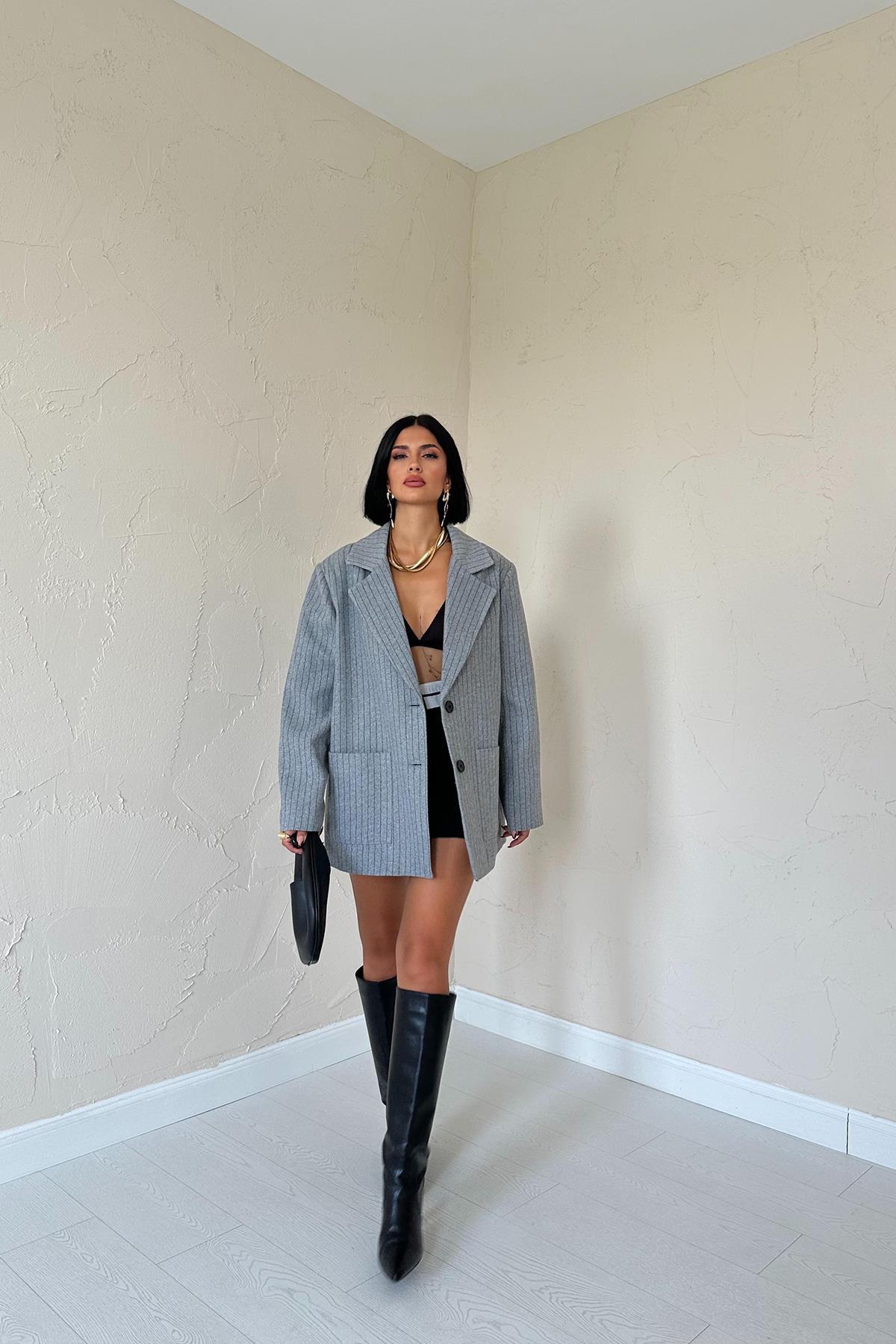 Toptan Gri Çizgili Oversize Ceket Gri L