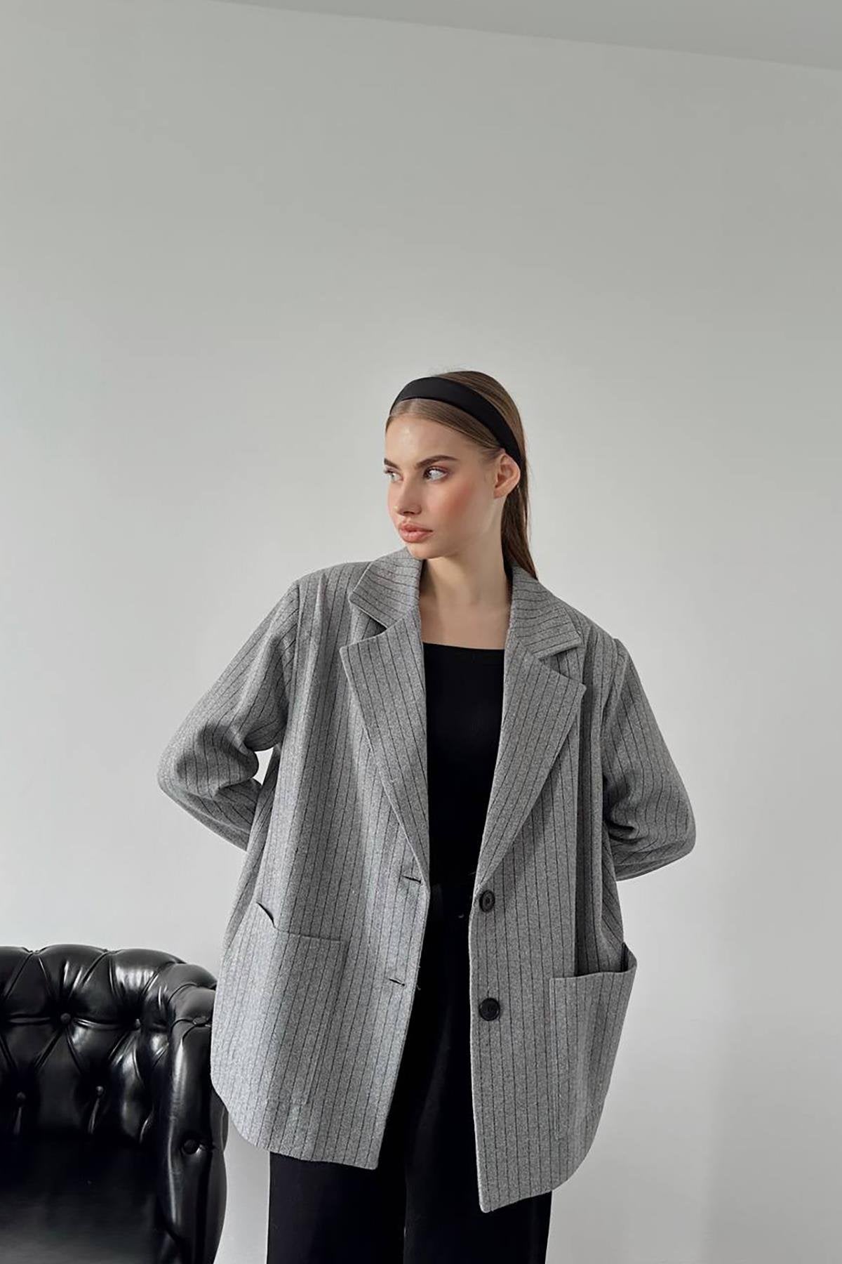 Toptan Gri Çizgili Oversize Ceket Gri L