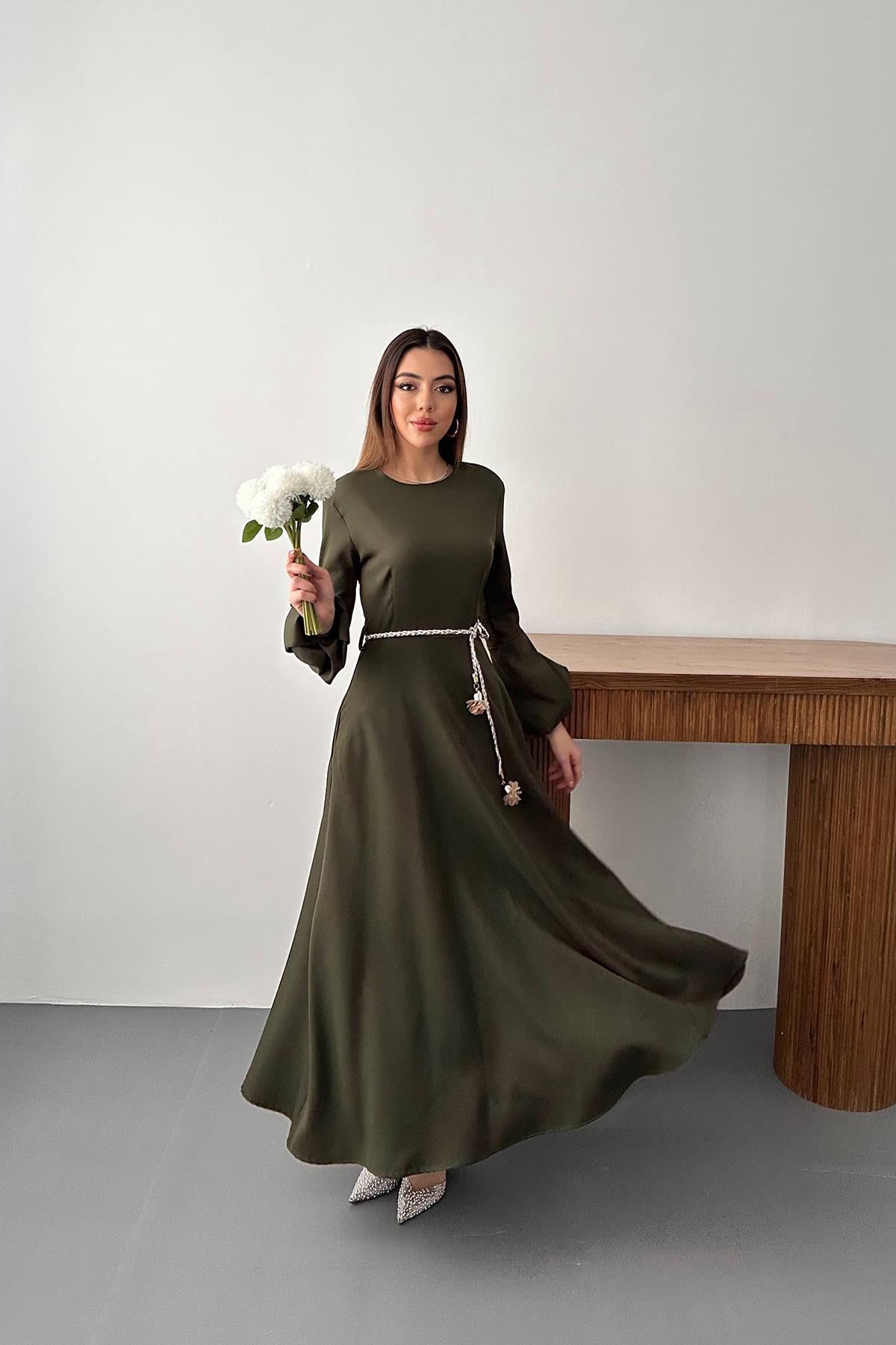 Toptan Haki Balon Kollu Kuşaklı Elbise