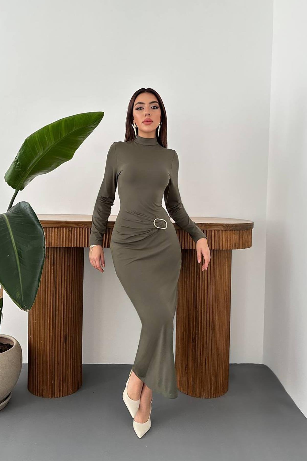 Toptan Haki Beli Tokalı Elbise Haki L