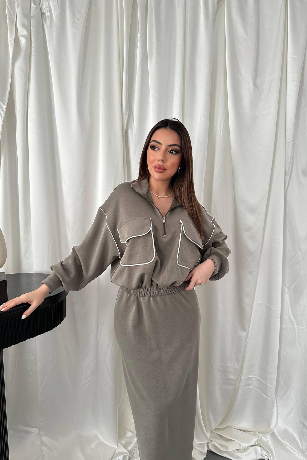 Toptan Haki Biyeli Sweatshirt Ve Etek Takım