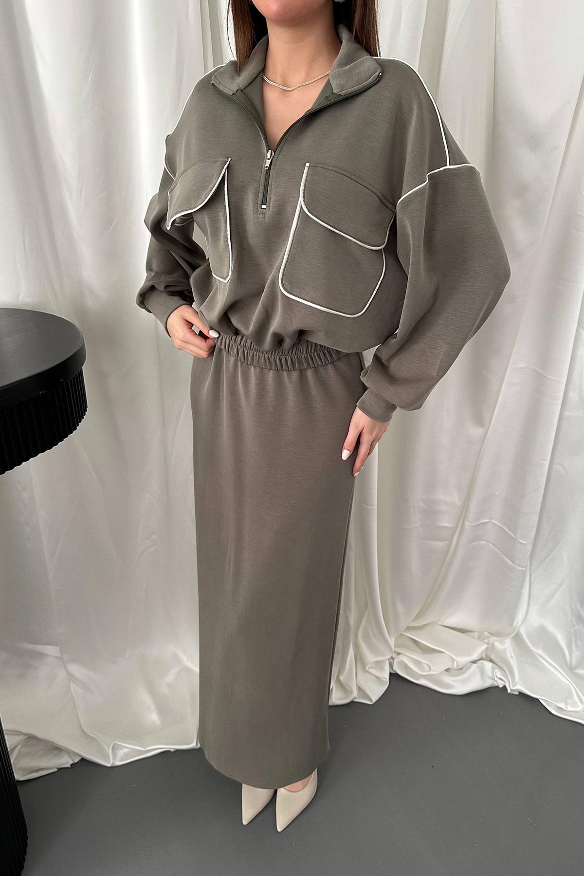 Toptan Haki Biyeli Sweatshirt Ve Etek Takım