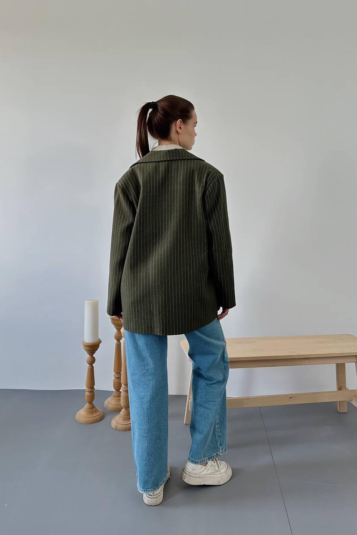 Toptan Haki Çizgili Oversize Ceket