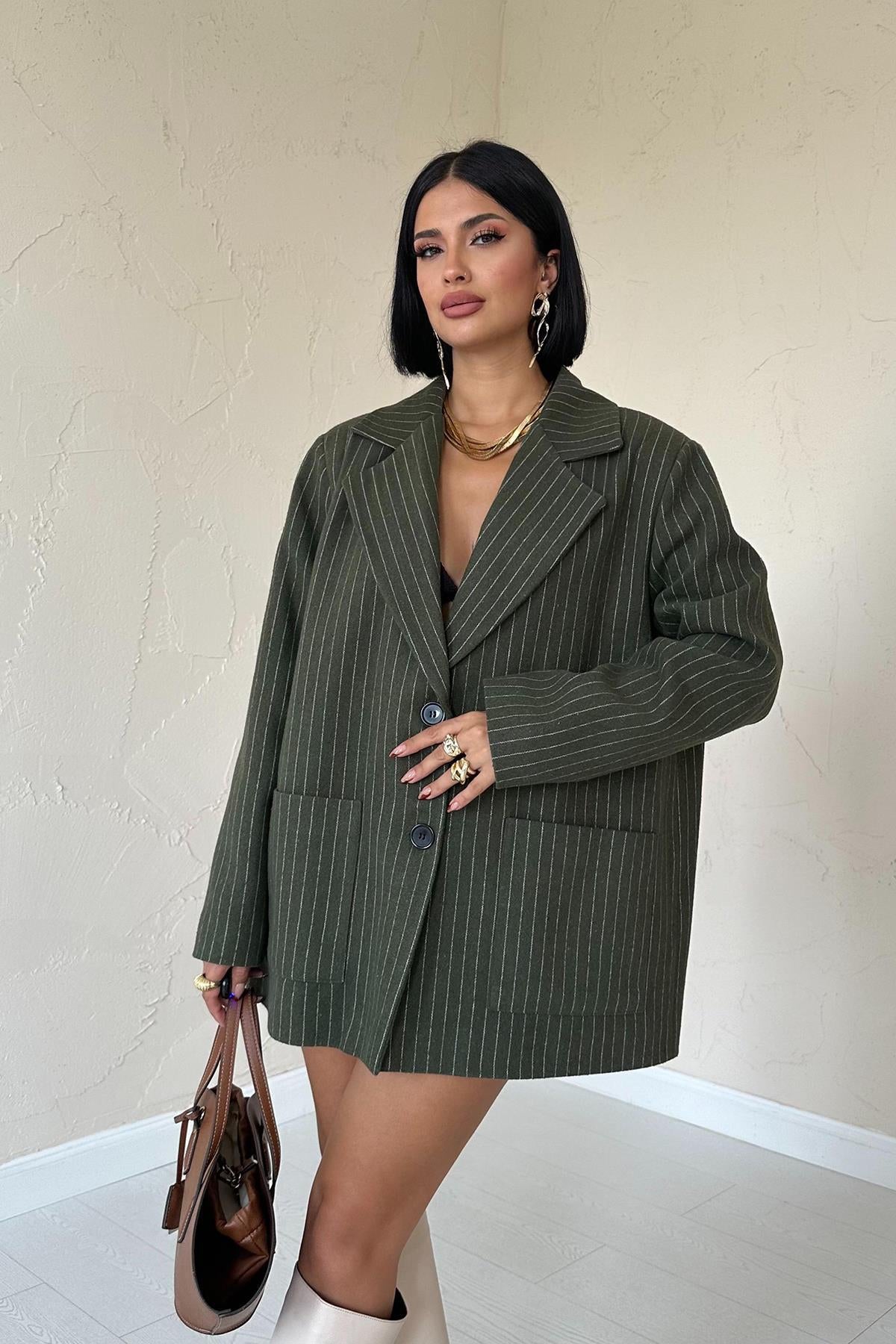 Toptan Haki Çizgili Oversize Ceket