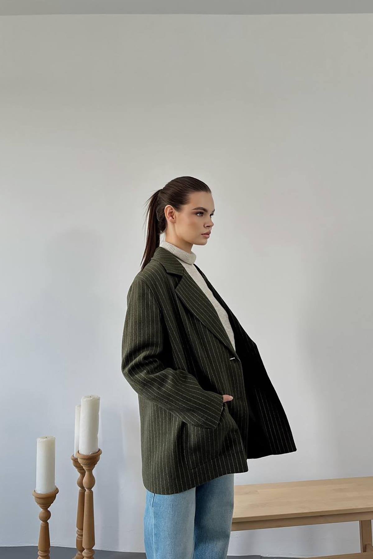Toptan Haki Çizgili Oversize Ceket