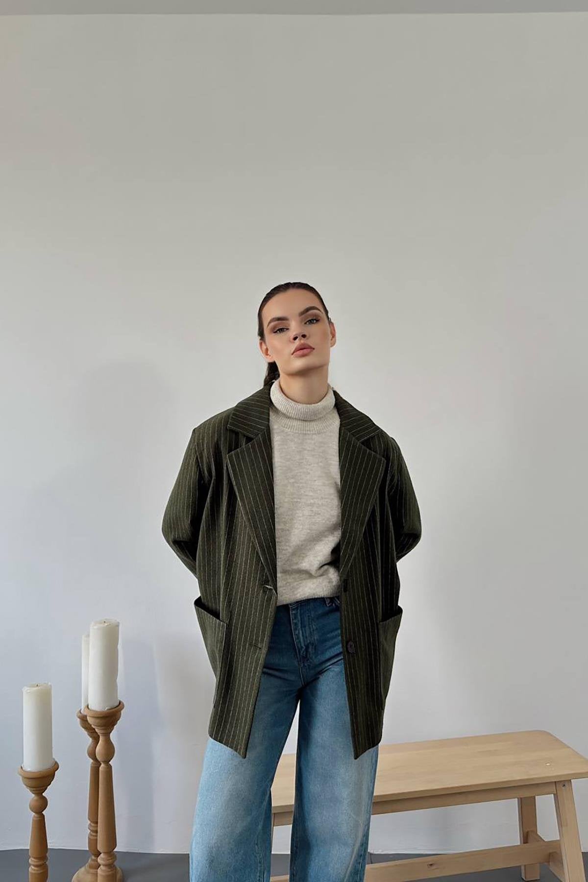 Toptan Haki Çizgili Oversize Ceket Haki L