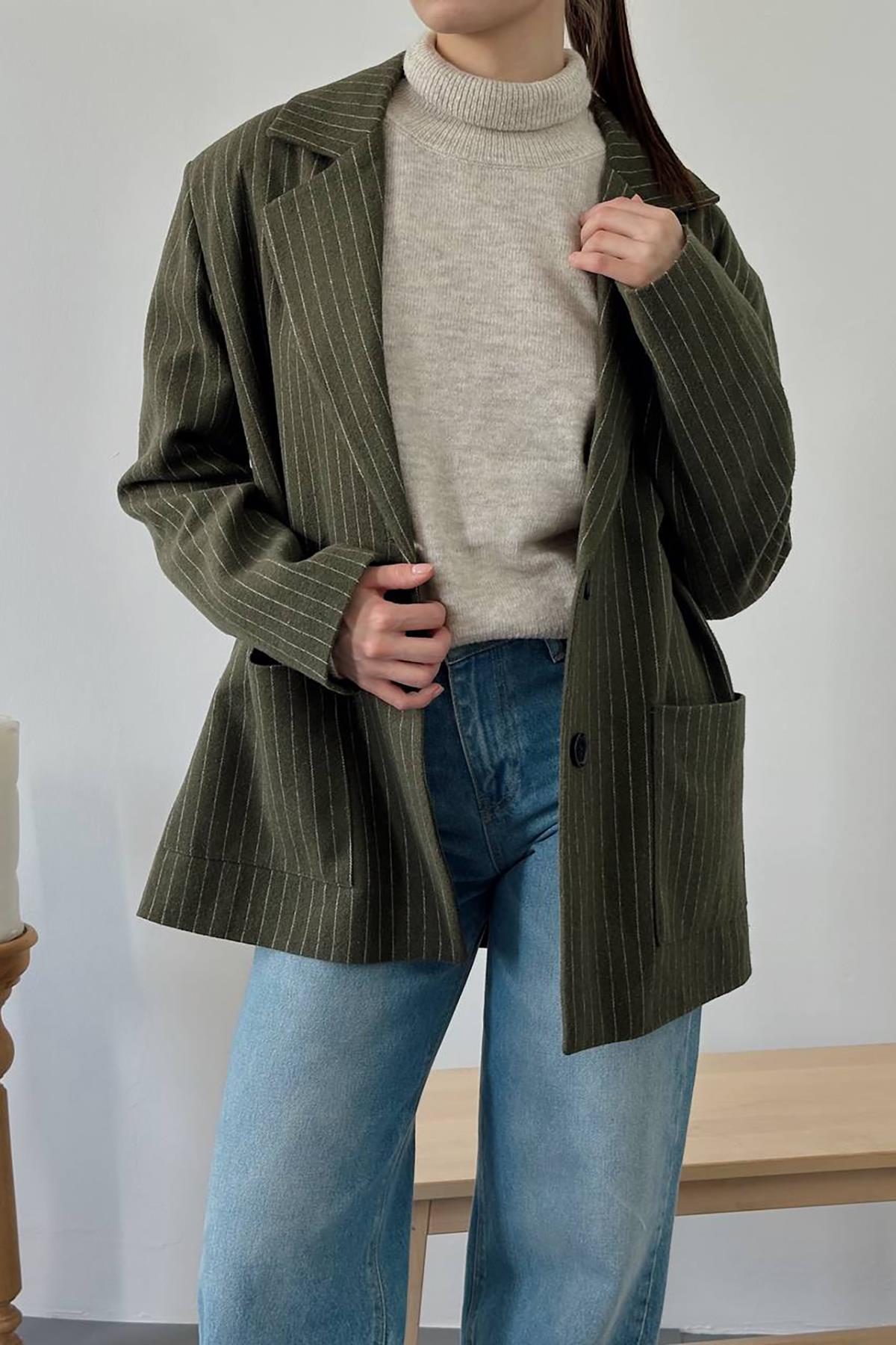 Toptan Haki Çizgili Oversize Ceket