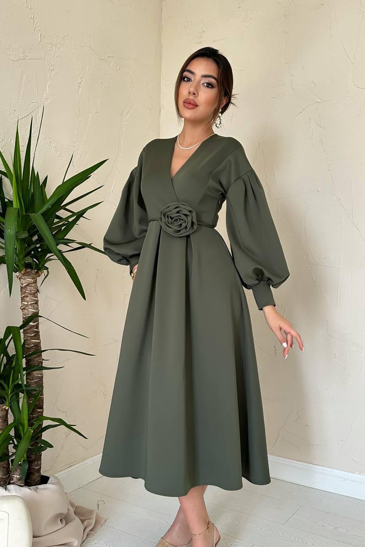 Toptan Haki Gül Detaylı Scuba Elbise