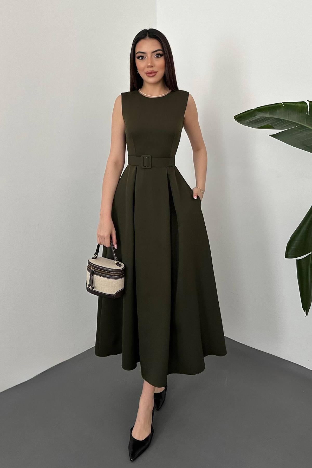 Haki Halter Yaka Kloş Elbise