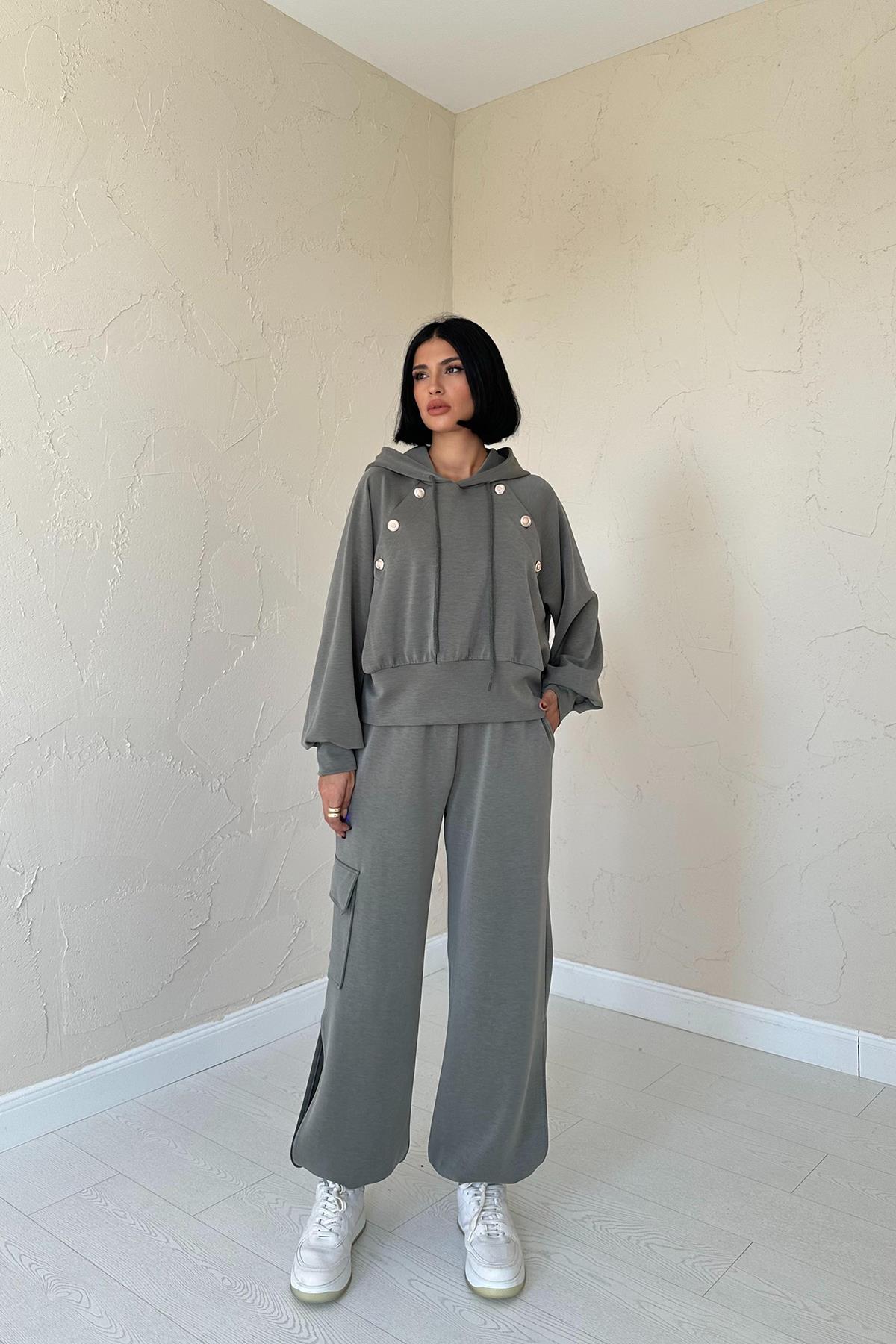 Toptan Haki Kapüşonlu Sweatshirt Ve Kargo Pantolon Takım Haki L
