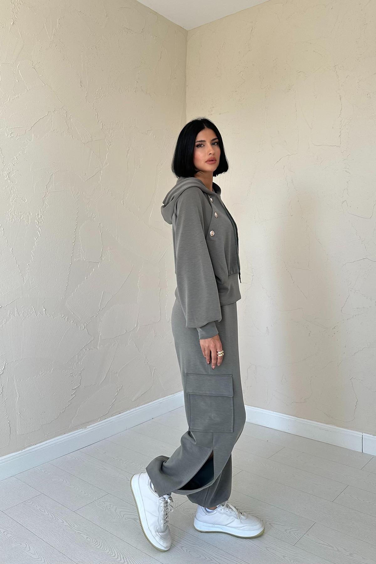 Toptan Haki Kapüşonlu Sweatshirt Ve Kargo Pantolon Takım