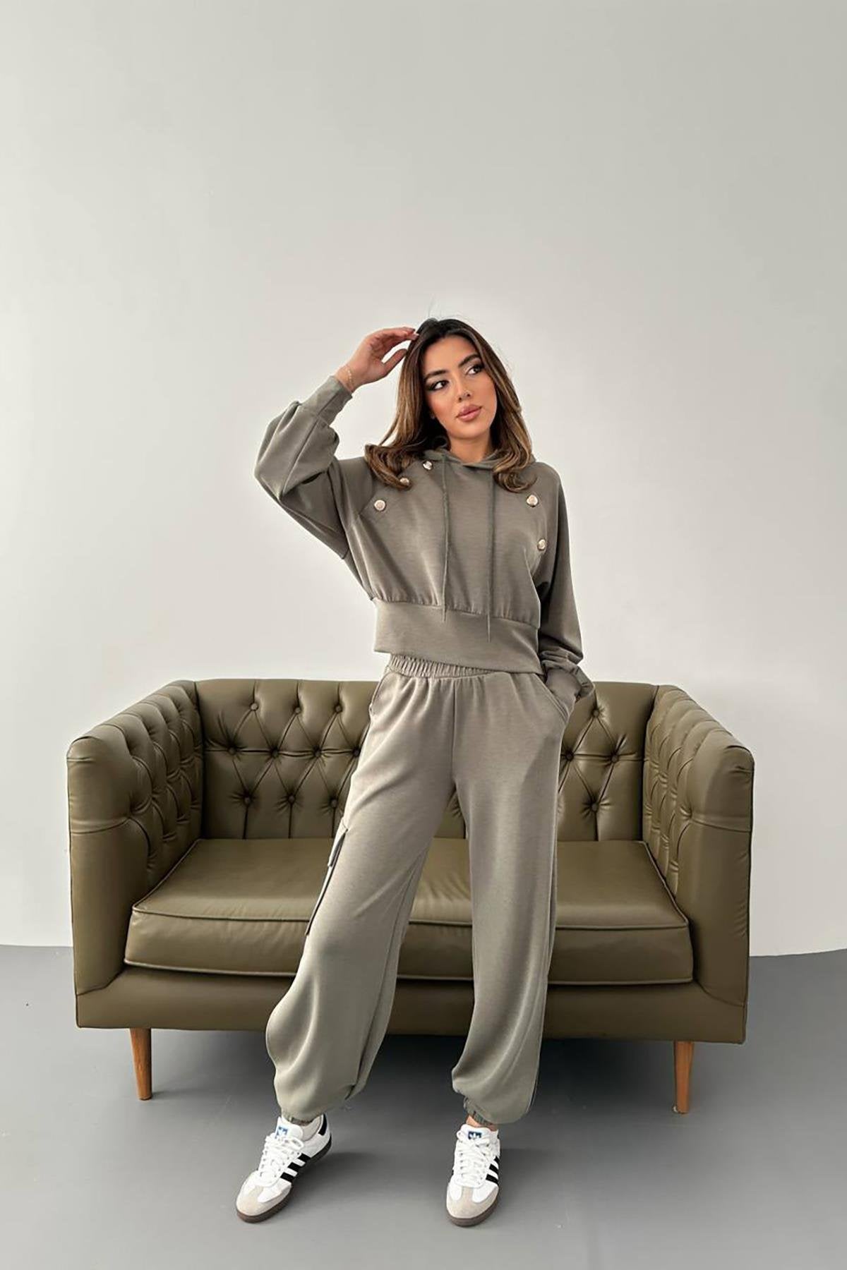 Toptan Haki Kapüşonlu Sweatshirt Ve Kargo Pantolon Takım Haki L