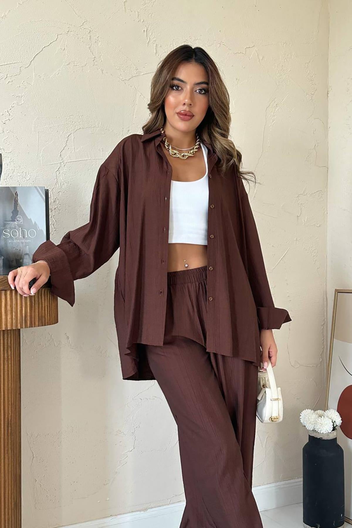 Toptan Kahverengi Alice Gömlek Ve Bol Kesim Pantolon Takım