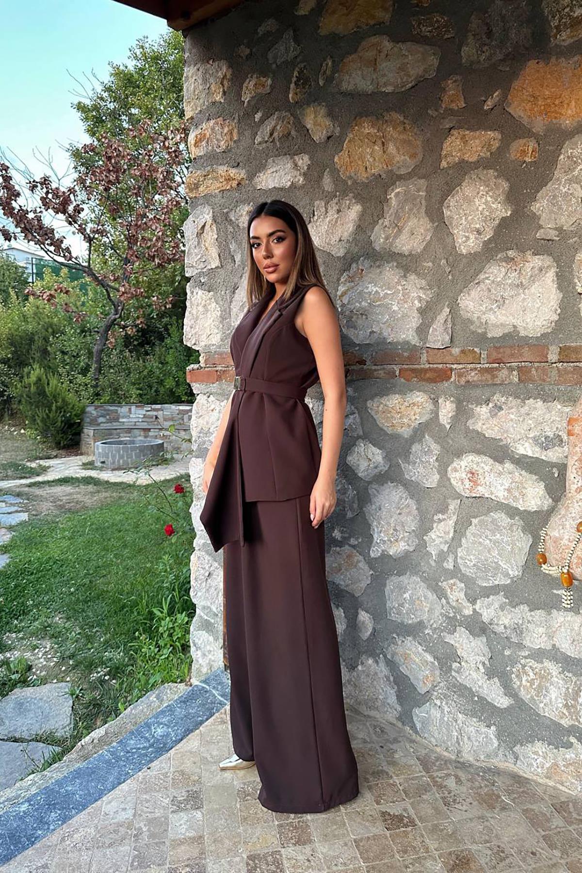 Toptan Kahverengi Atlas Yelek Pantolon Takımı