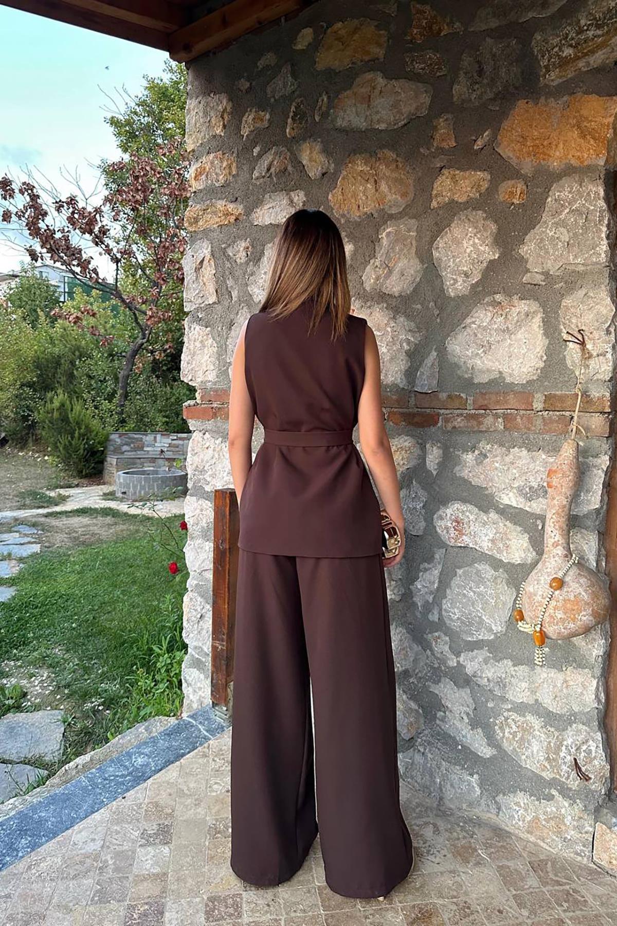 Toptan Kahverengi Atlas Yelek Pantolon Takımı