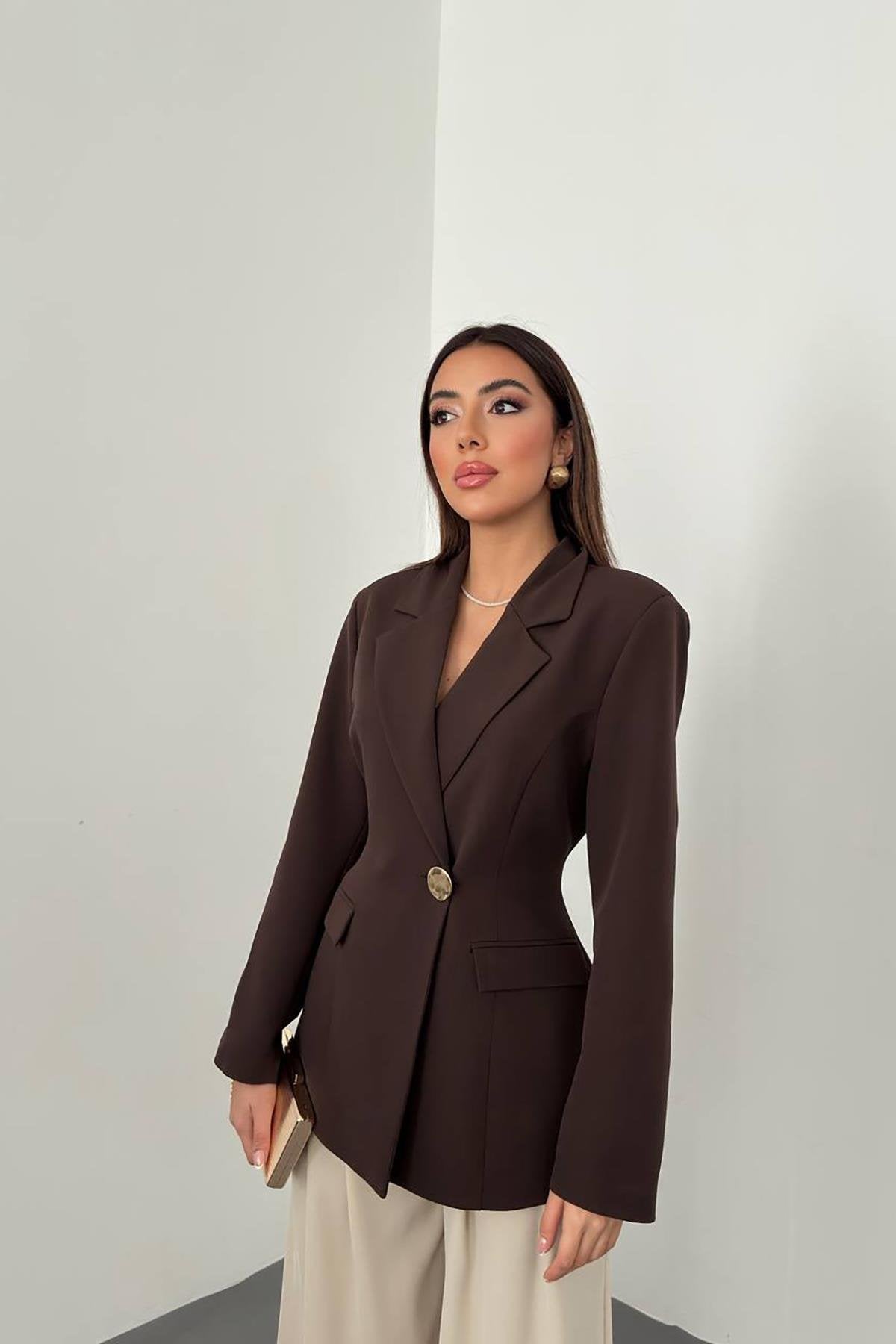 Toptan Kahverengi Belden Oturtmalı Blazer Ceket Kahverengi L