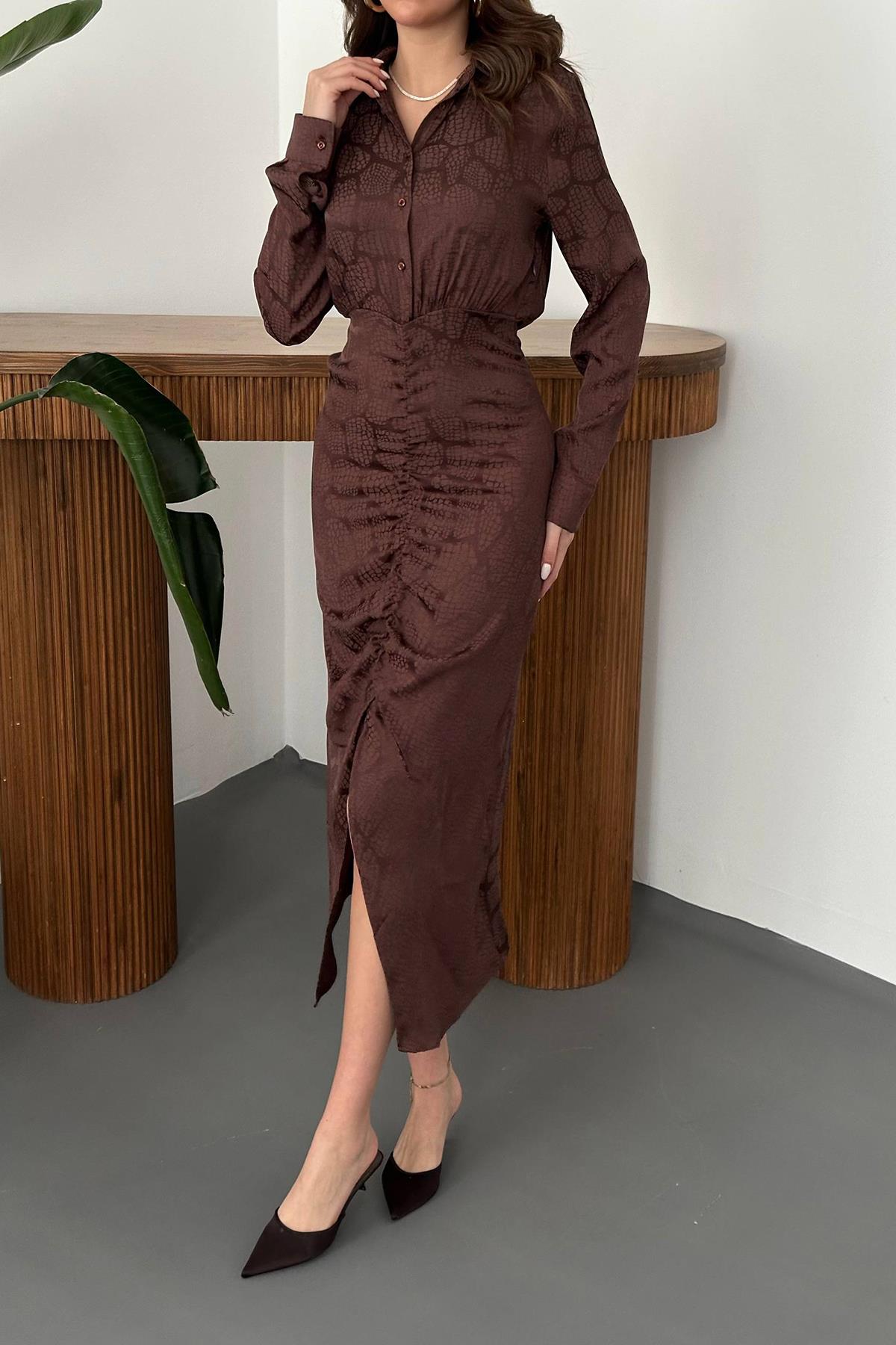 Toptan Kahverengi Büzgülü Gömlek Elbise