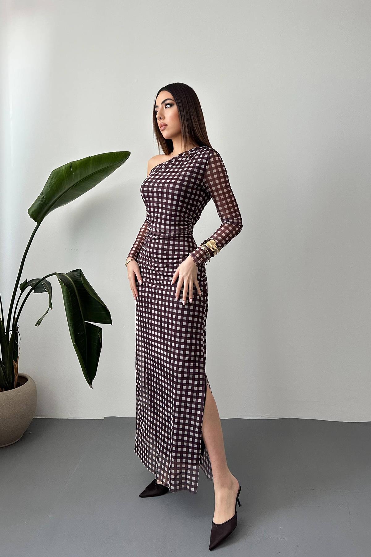 Toptan Kahverengi Ekose Desen Tül Elbise