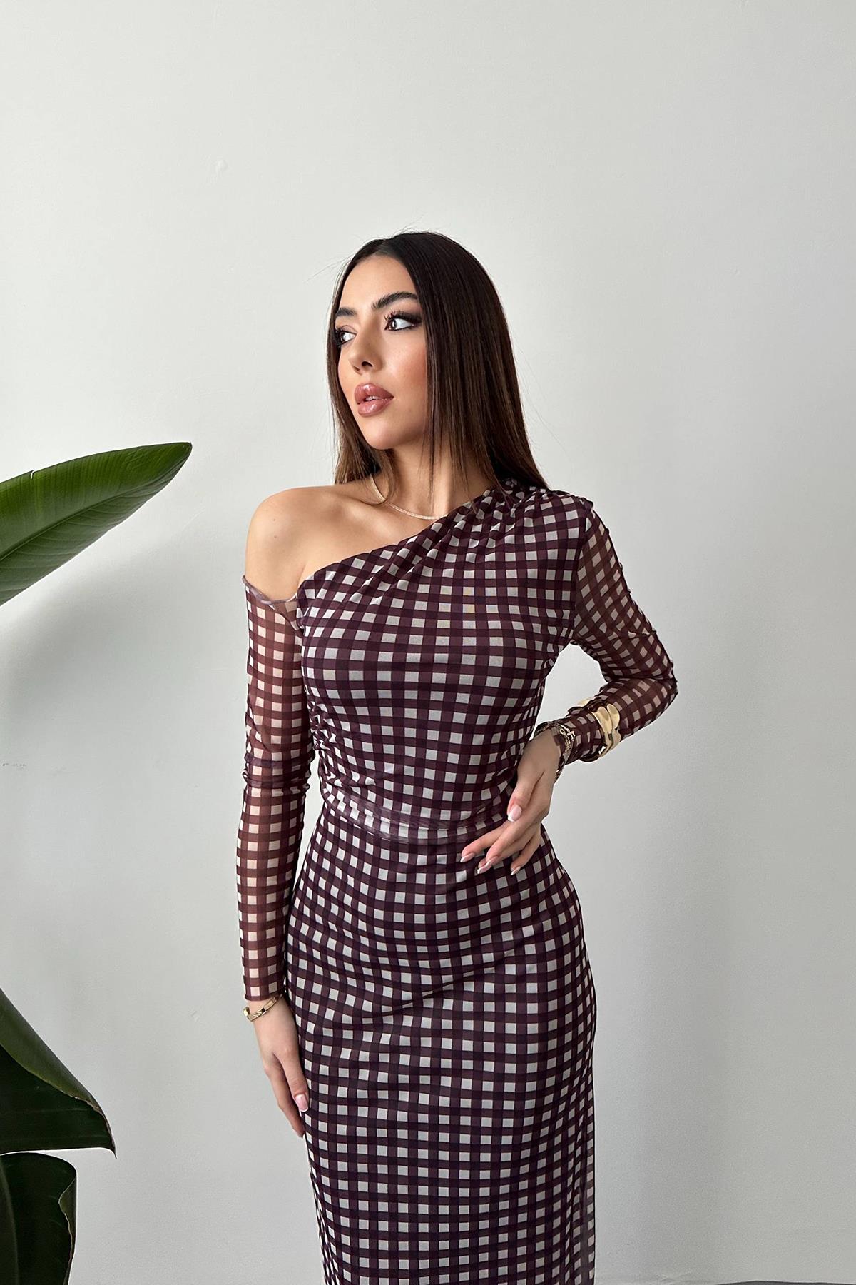 Toptan Kahverengi Ekose Desen Tül Elbise