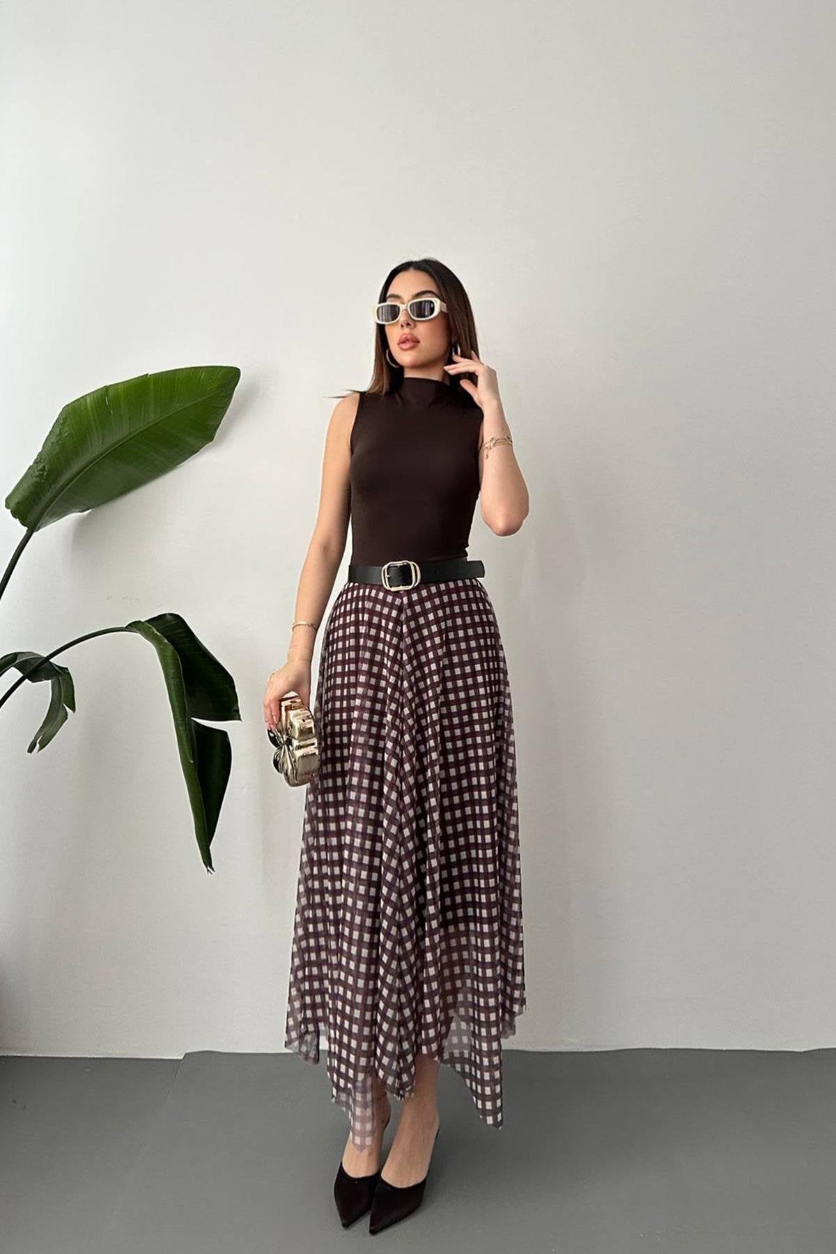 Toptan Kahverengi Ekose Desen Tül Etek Kahverengi L