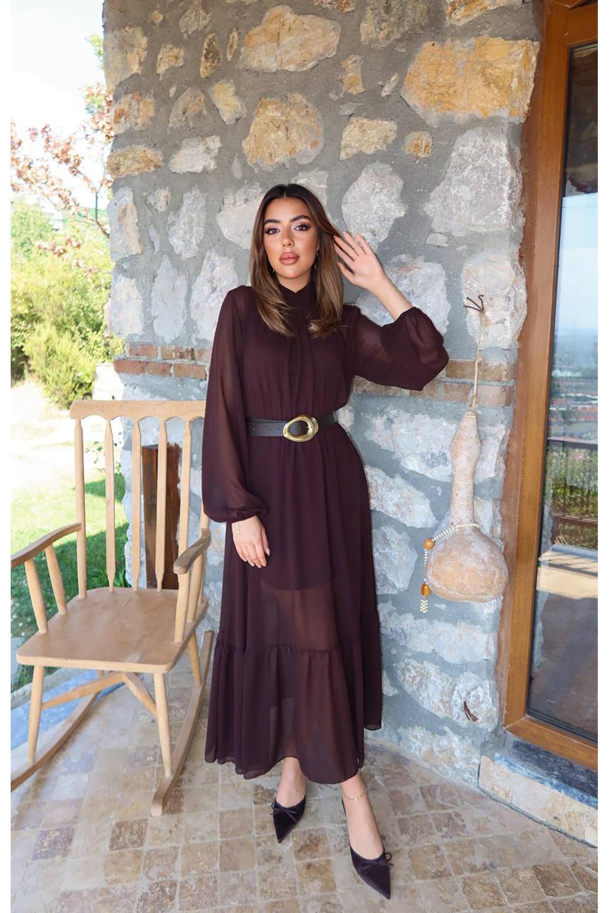 Toptan Kahverengi Eteği Fırfırlı Şifon Elbise