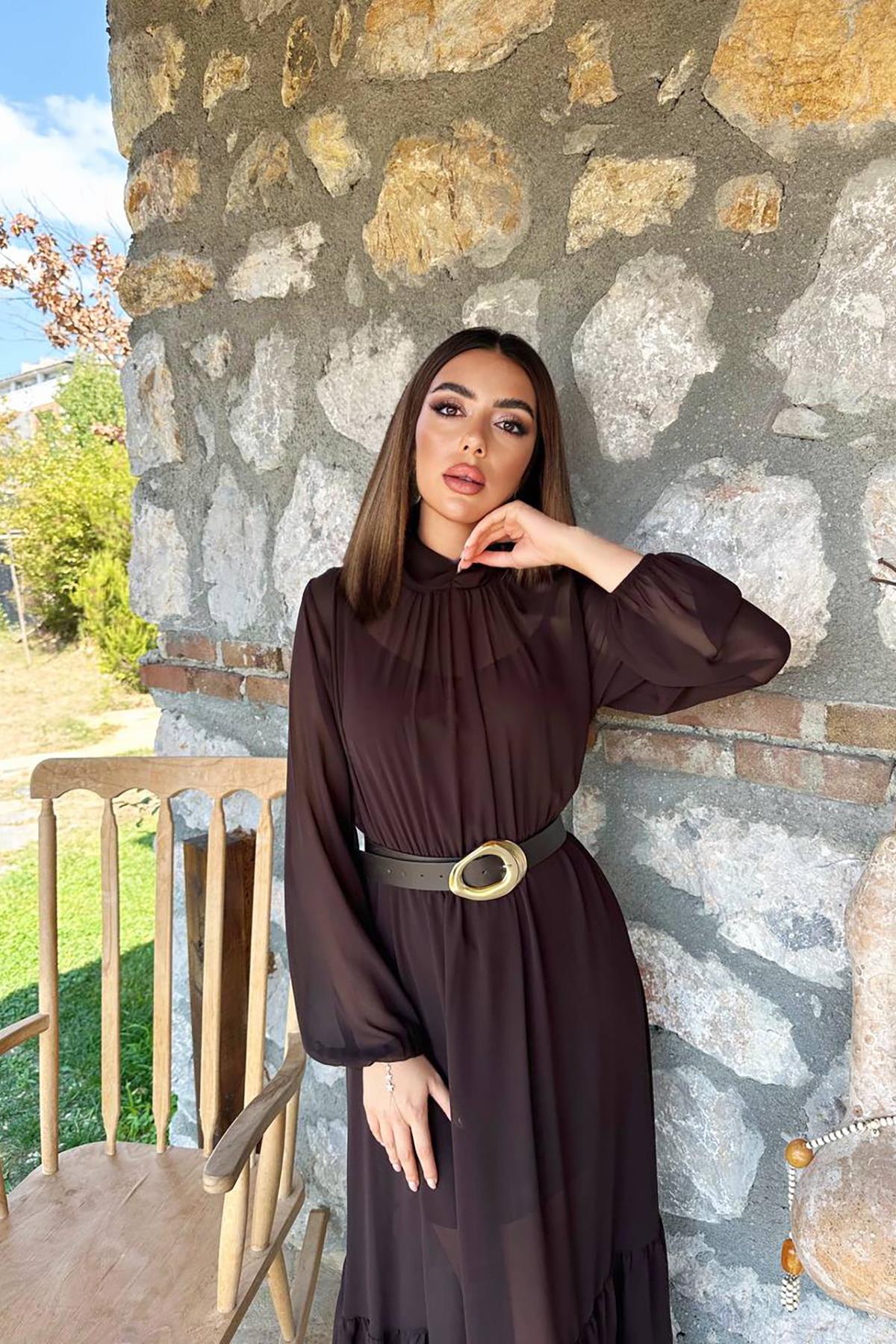 Toptan Kahverengi Eteği Fırfırlı Şifon Elbise