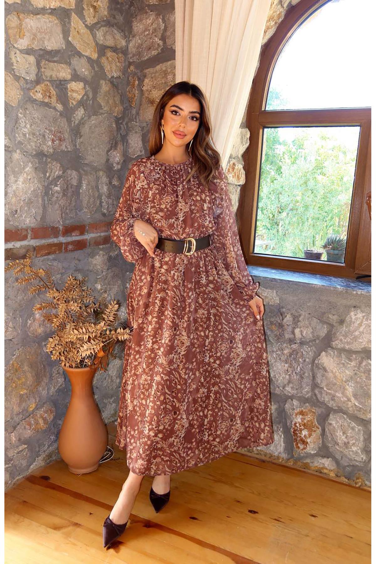Toptan Kahverengi Fırfırlı Şifon Elbise