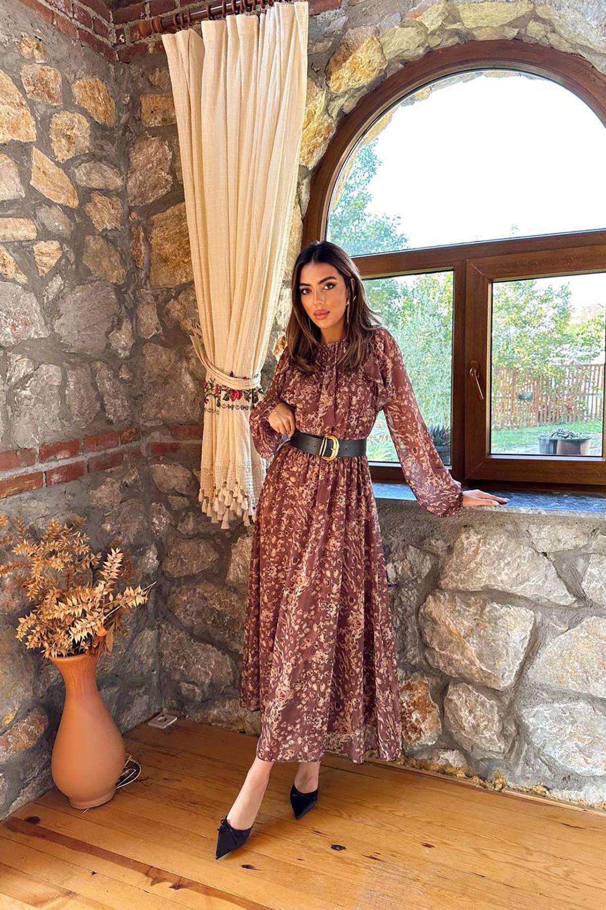 Toptan Kahverengi Fırfırlı Şifon Elbise Kahverengi L