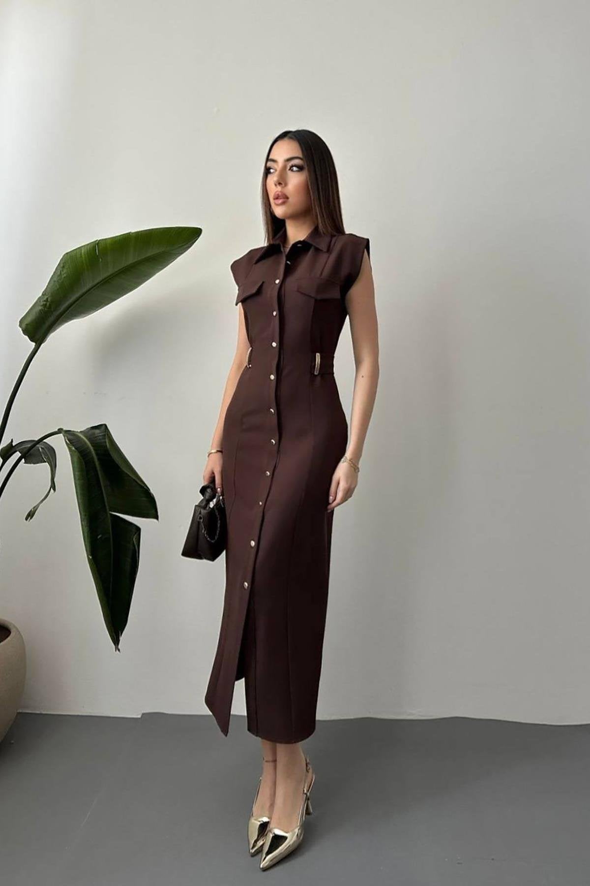 Toptan Kahverengi Kemer Aksesuarlı Atlas Elbise