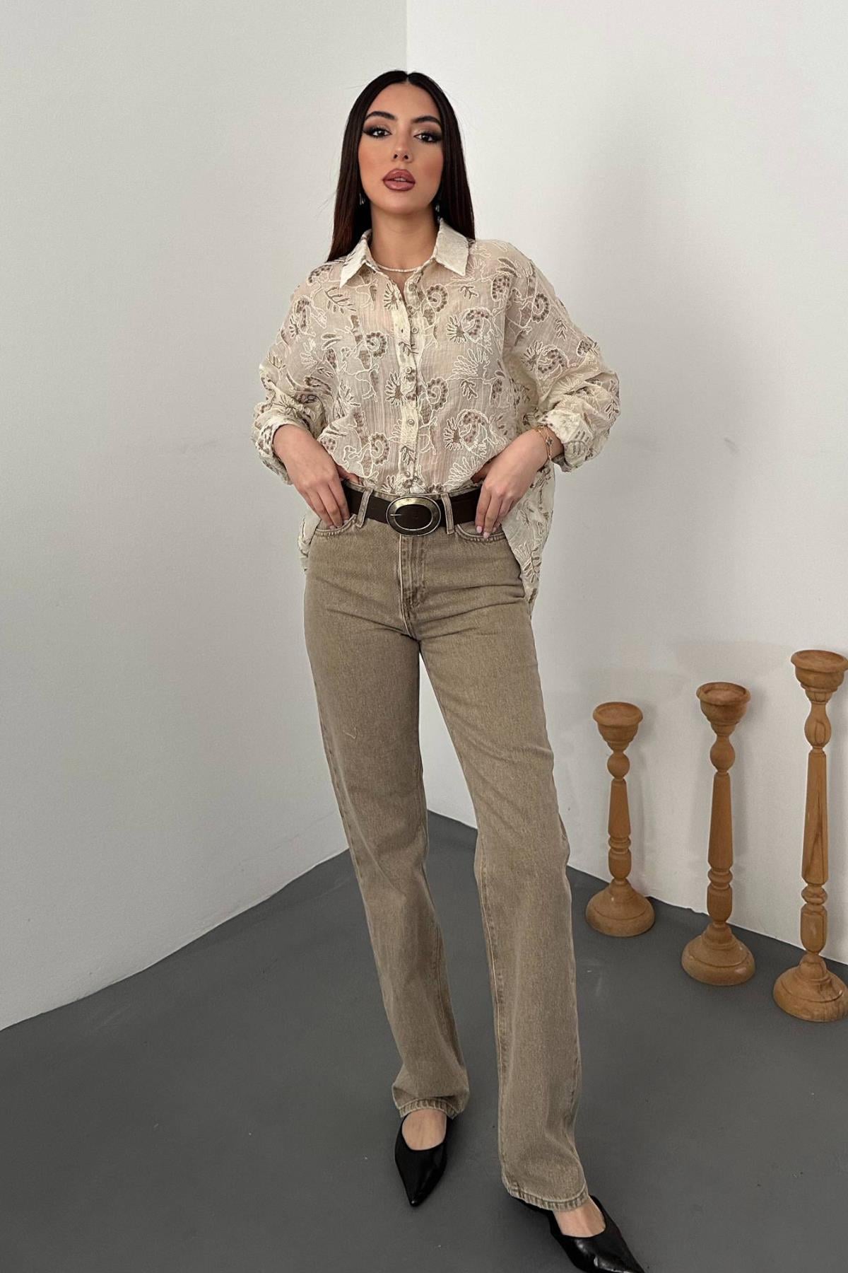Kahverengi Nakışlı Oversize Gömlek