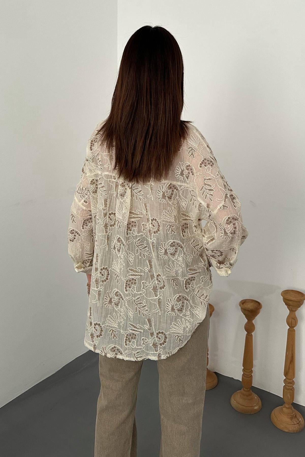 Kahverengi Nakışlı Oversize Gömlek
