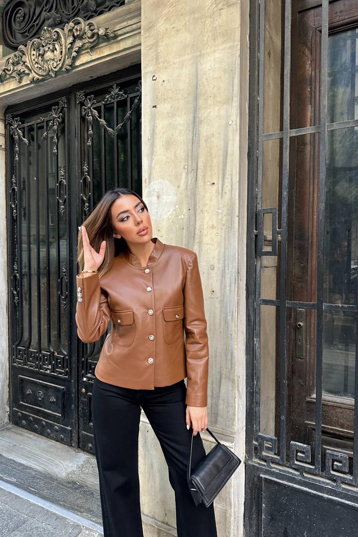 Toptan Kahverengi Önü Düğme Kapamalı Deri Ceket Kahve L