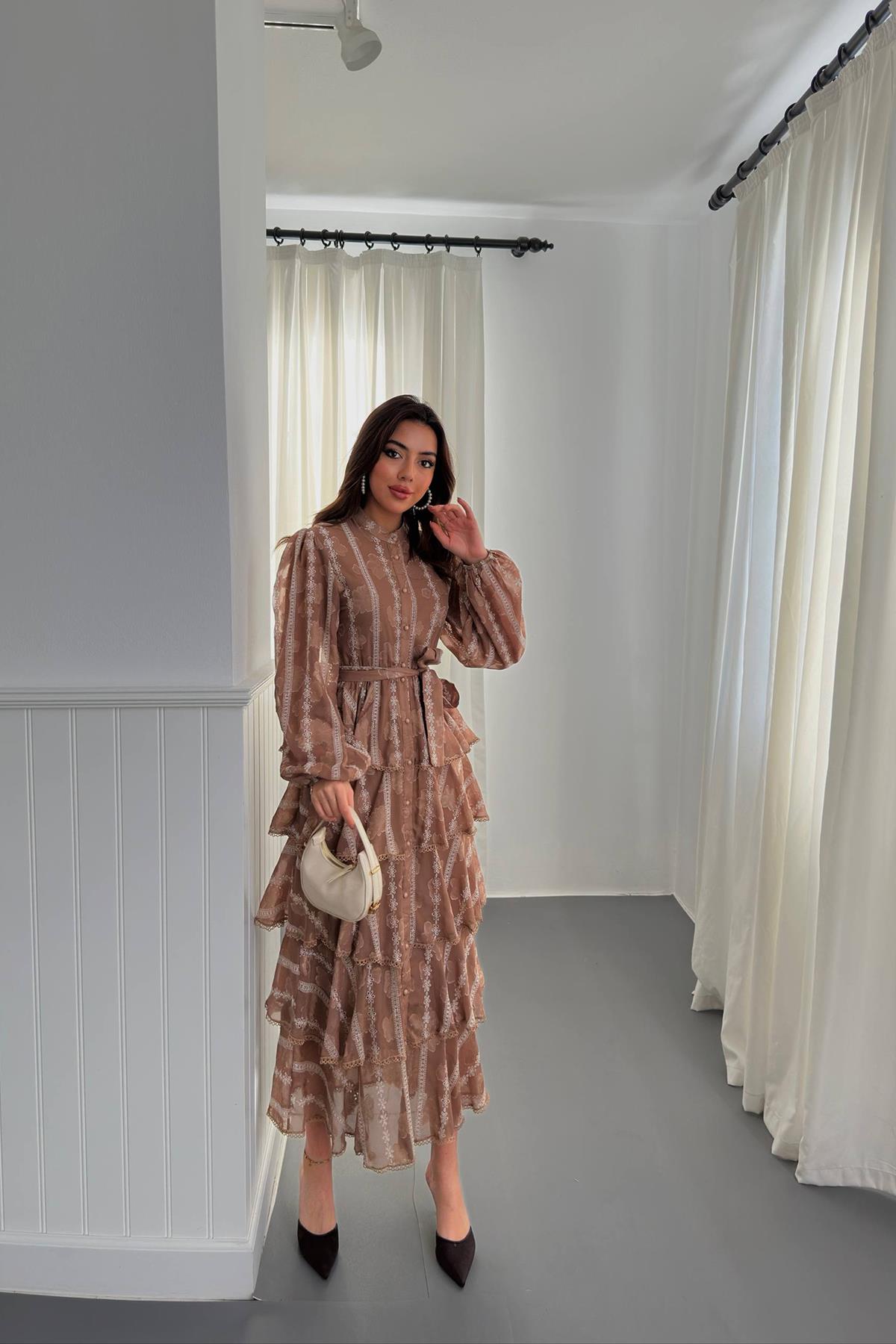 Toptan Kahverengi Uzun Volanlı Elbise Kahverengi L