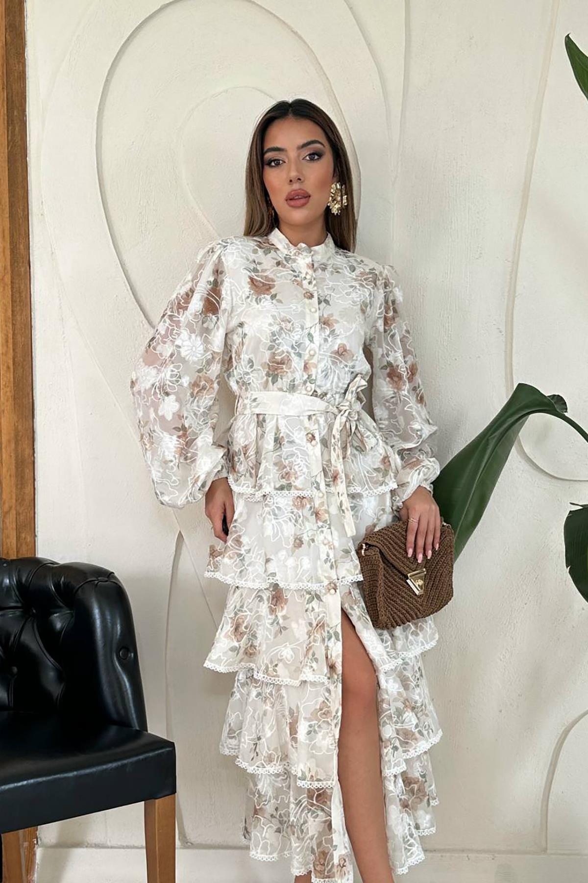 Toptan Kahverengi Valonlu Şeritli Kat Kat Elbise