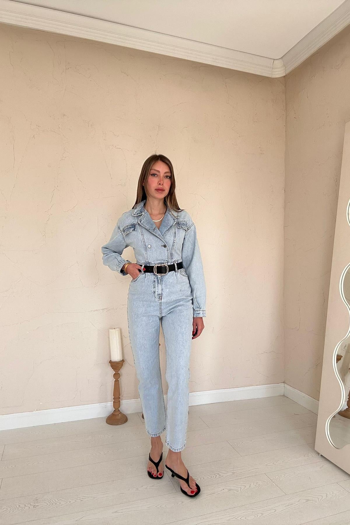 Toptan Kar Yıkama Blue Denim Tulum